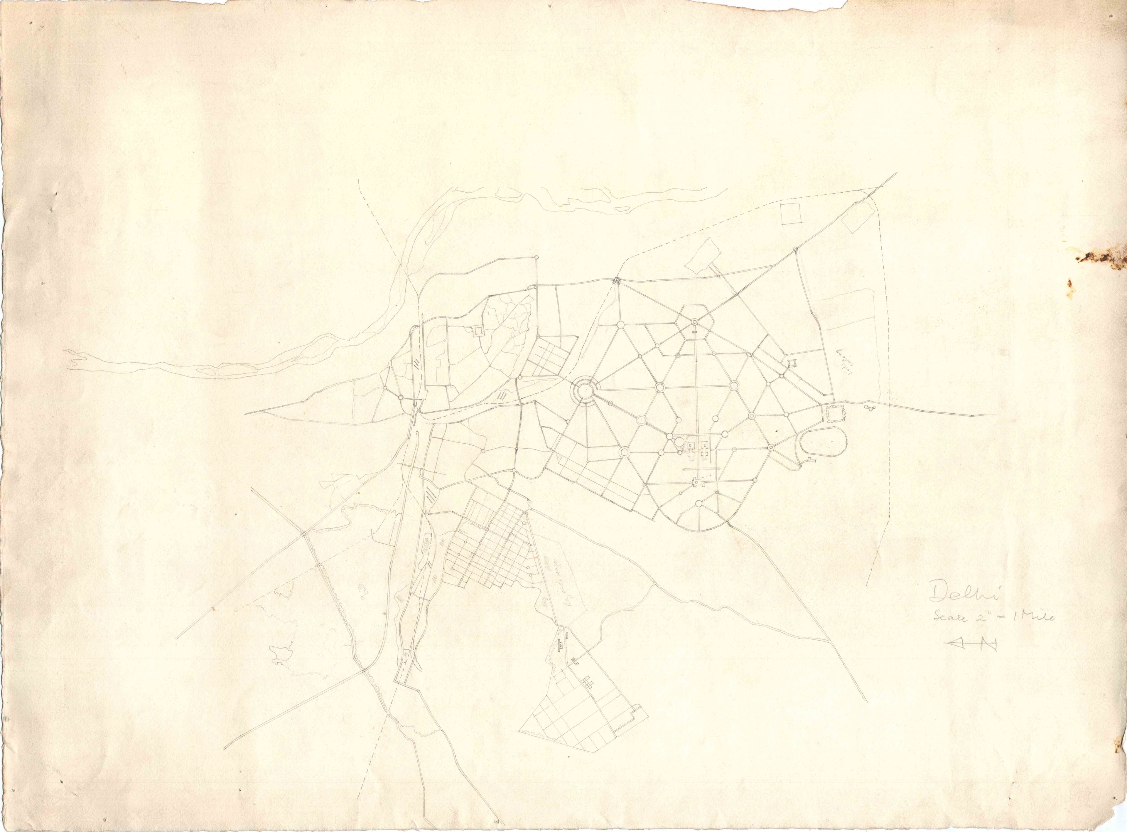 Otto Koenigsberger. Plan of New Delhi, hand-drawn, pencil and ink, undated. Credit: AA Archives: 2012_P150