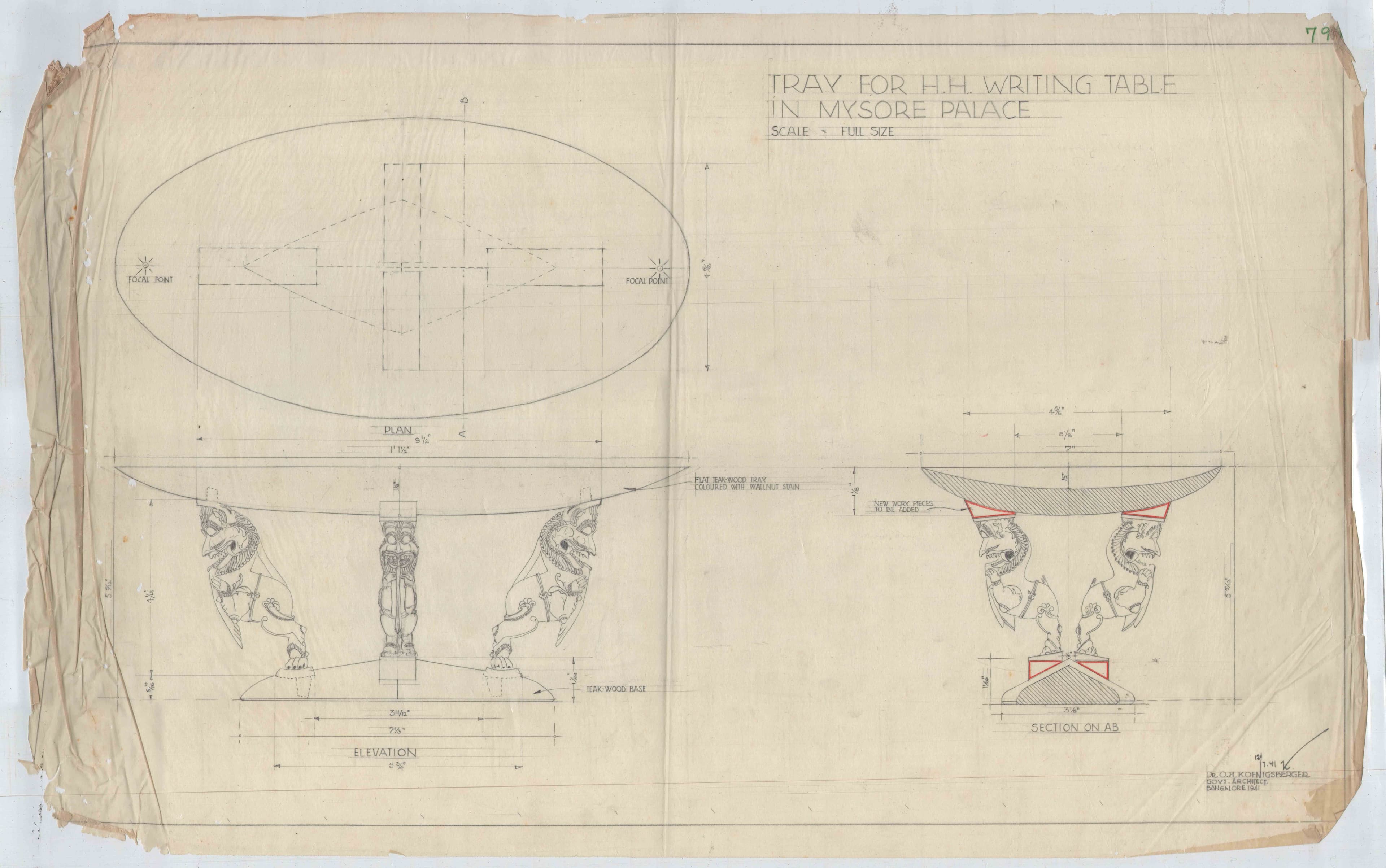 Otto Koenigsberger. Design for a tray for the Maharaja's writing table, Mysore Palace, 1941. Credit: AA Archives; 2012:P148