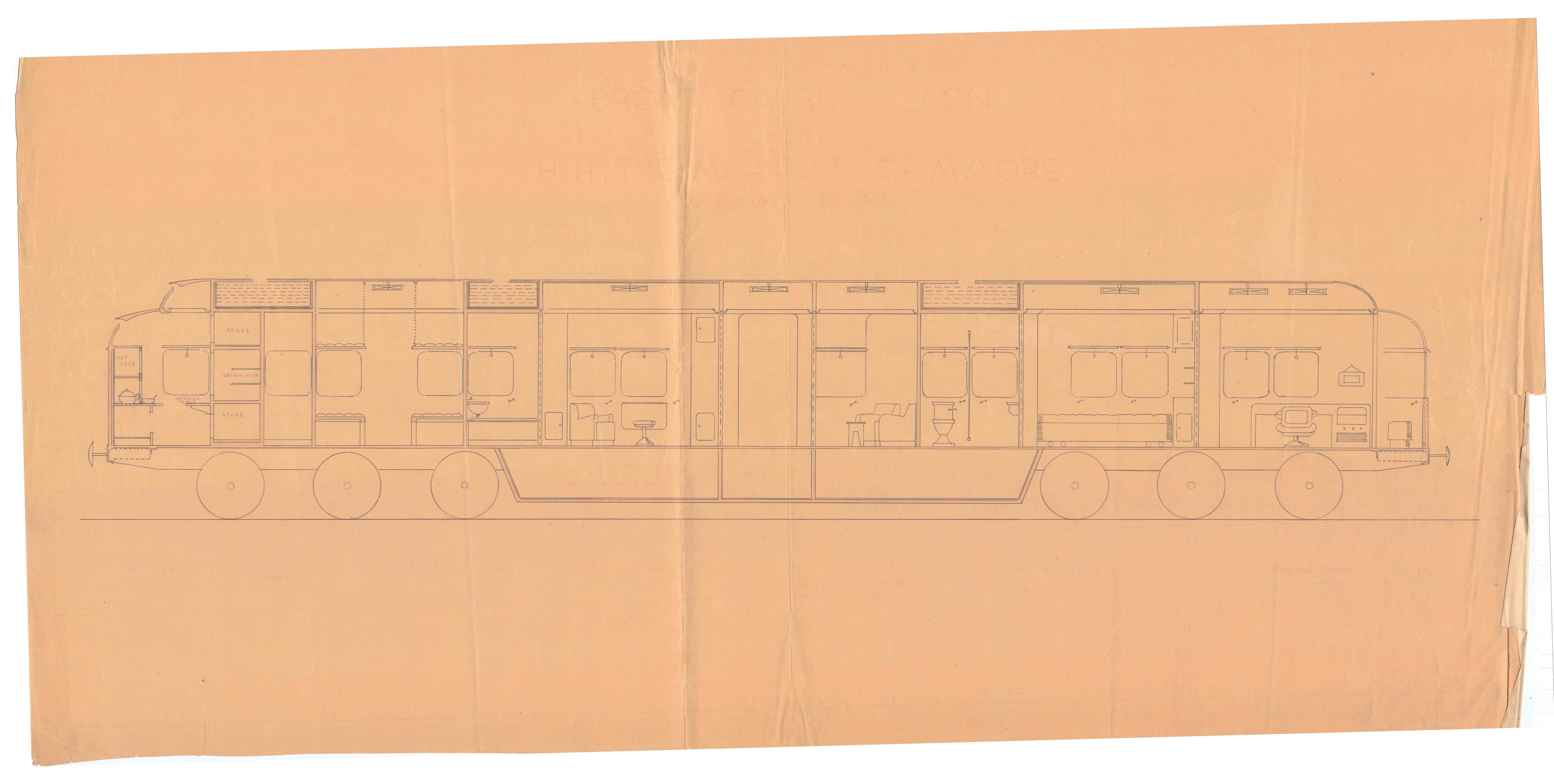 Otto Koenigsberger. Design for a train saloon carriage for Maharaja of Mysore, Jayachamarajendra Wodeyar Bahadur, c1942. Section. Credit: AA Archives; 2012:P148