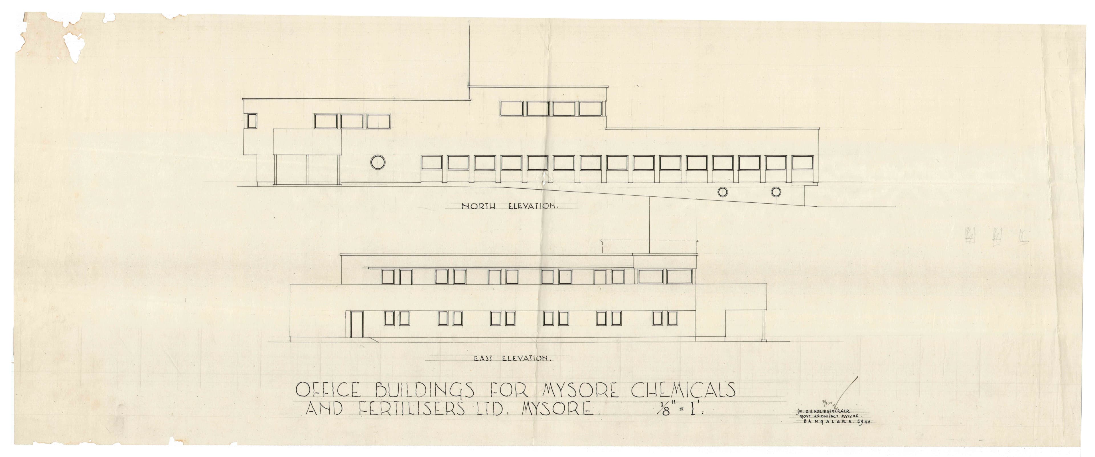 Otto Koenigsberger, design for office buildings for Mysore Chemicals and Fertilisers Ltd., 1944. North and south elevations. Credit: AA Archives: 2012:P148