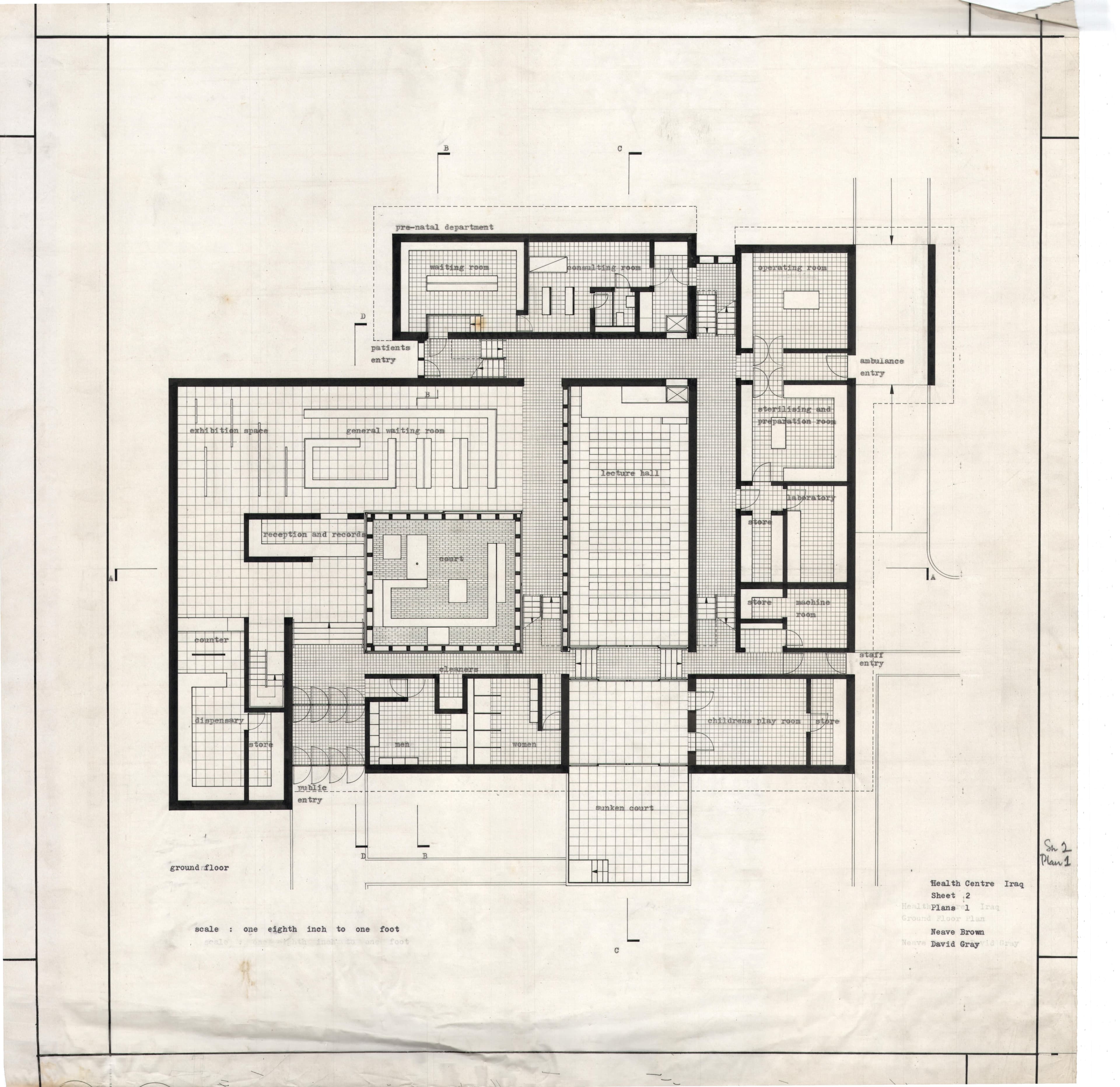 Neave Brown, David Gray. 'Health Centre, Iraq: Ground Floor Plan.' AA Department of Tropical Architecture, 1954-1955. AA Archives