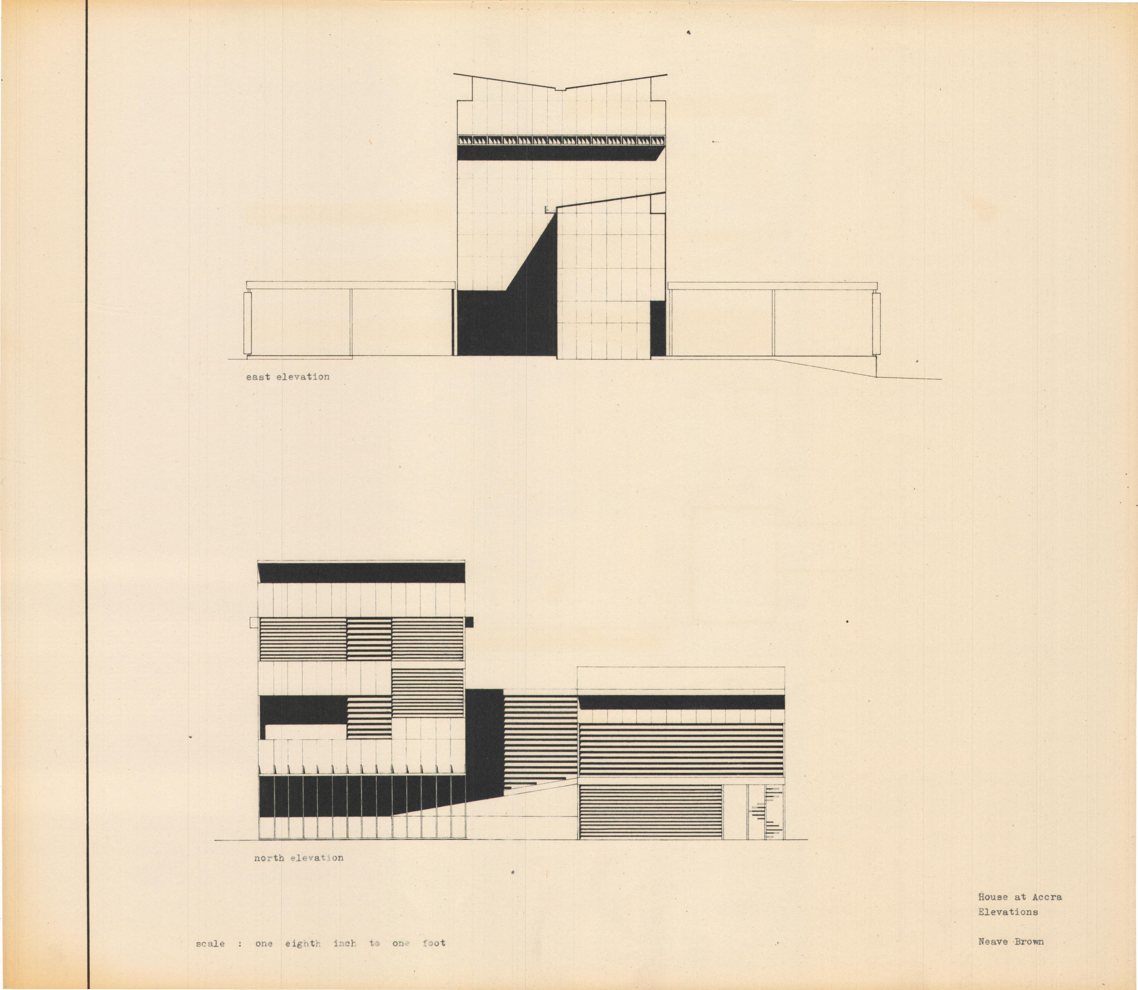 Neave Brown, 'House at Accra, Ghana: East and North Elevations', AA Department of Tropical Architecture, 1954-1955. AA Archives