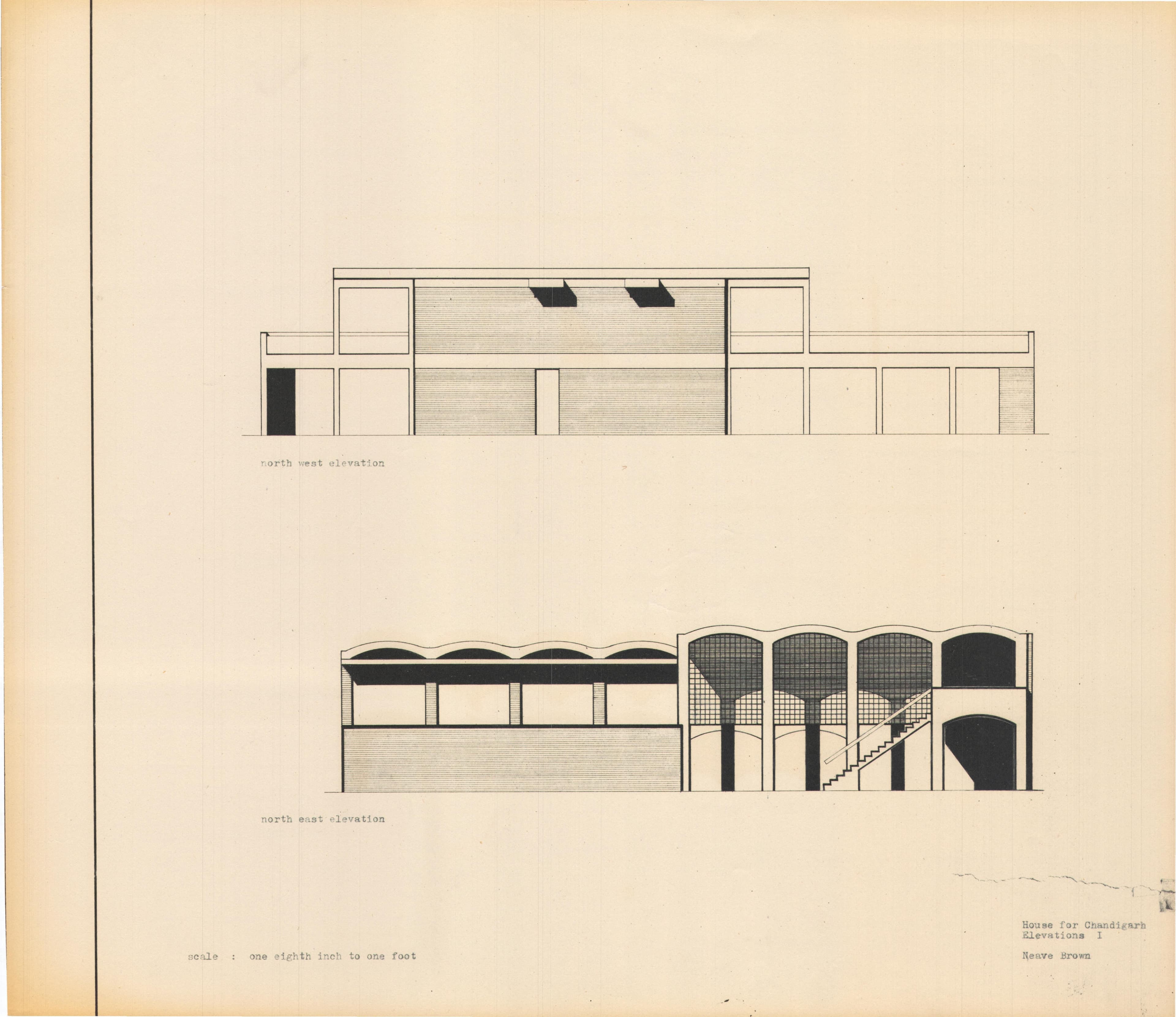 Neave Brown, 'House for Chandigarh, India: North-East and North-West Elevations', AA Department of Tropical Architecture, 1954-1955. AA Archives