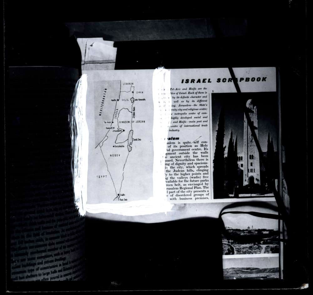 DTA Lantern Slide Library. Slide taken of an unidentified publication, showing a map of Israel/Palestine and photograph of the Jerusalem International YMCA 