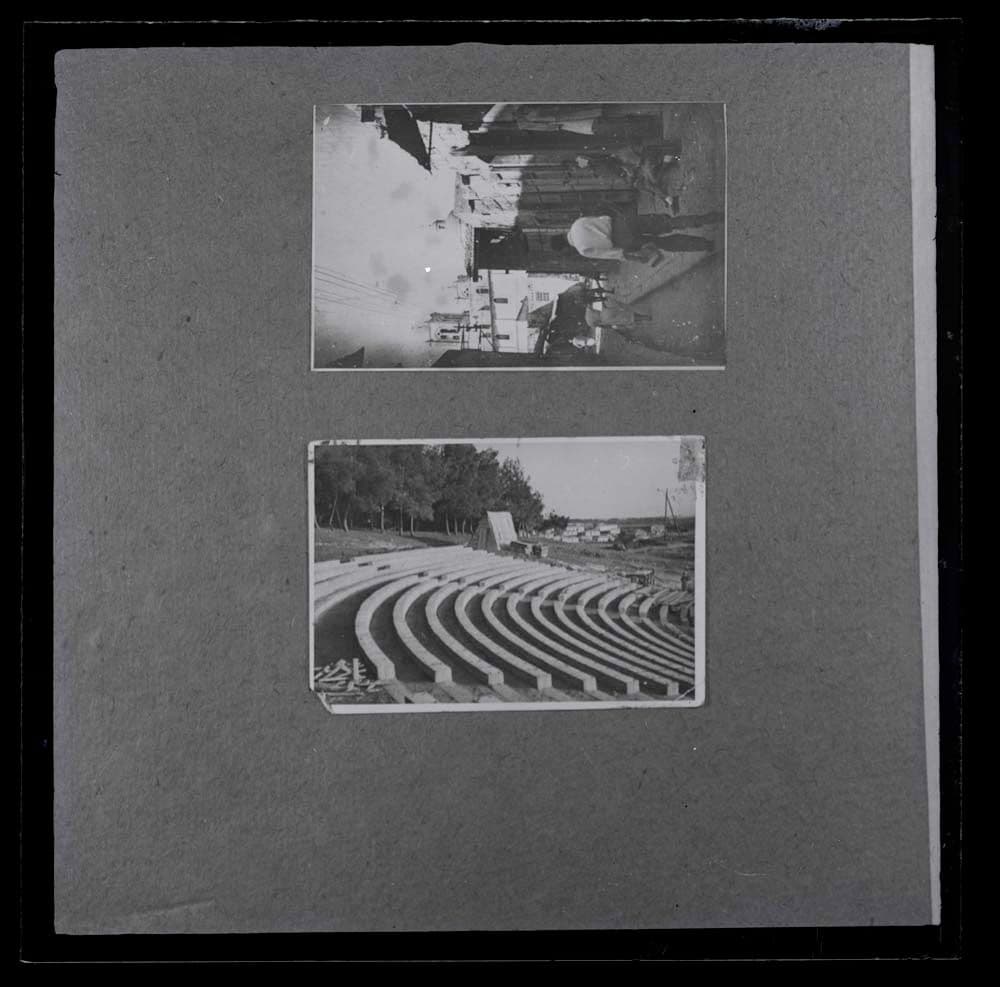 DTA Lantern Slide Library: Slide taken of two photographic prints, showing (top) the street behind the Greek Catholic Church of Nazareth, Israel built in 1887 and (bottom) an amphitheatre near a village.