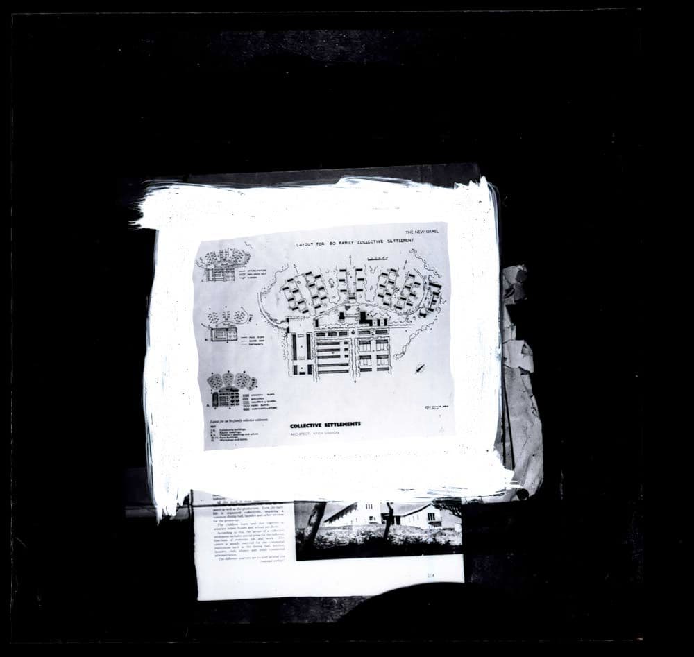 Slide taken from the article “Collective Settlements in Israel” in journal “The Town Planning Review” written by by architect Arieh Sharon and published in January 1955, showing a site plan in Negev, Israel, Alternative Layouts for a Kibbutz in the Negev.