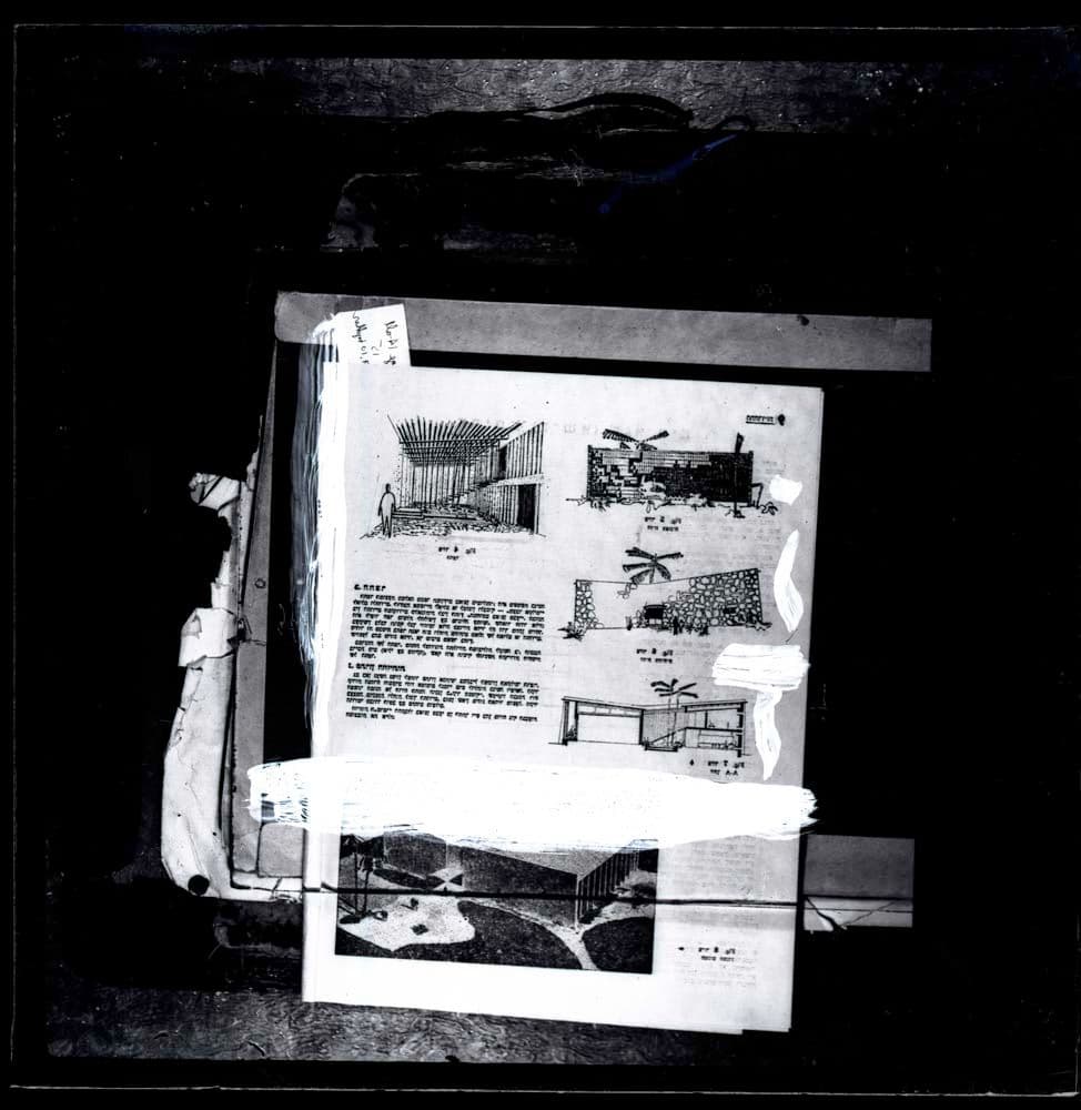 DTA Lantern Slide Library. Slide taken from unidentified publication, showing a hand drawn section, elevation and perspective drawings of an unknown building.