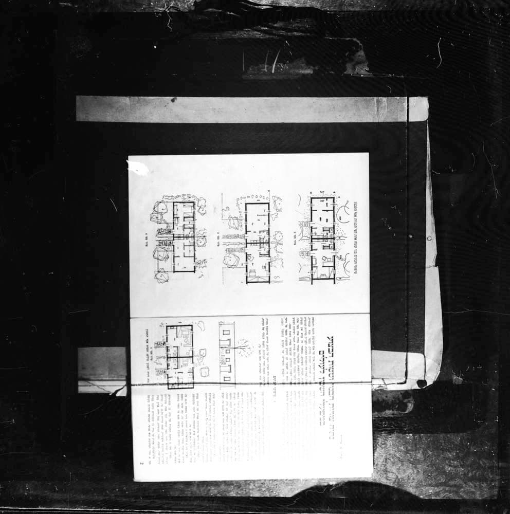 DTA Lantern Slide Library. Slide taken from an unidentified publication, showing photographs  of hand drawn floor plans of houses designed within oil factories for immigrants in Holon, Kfar Saba and Naharriya, Israel, done by the Israel Planning Department.