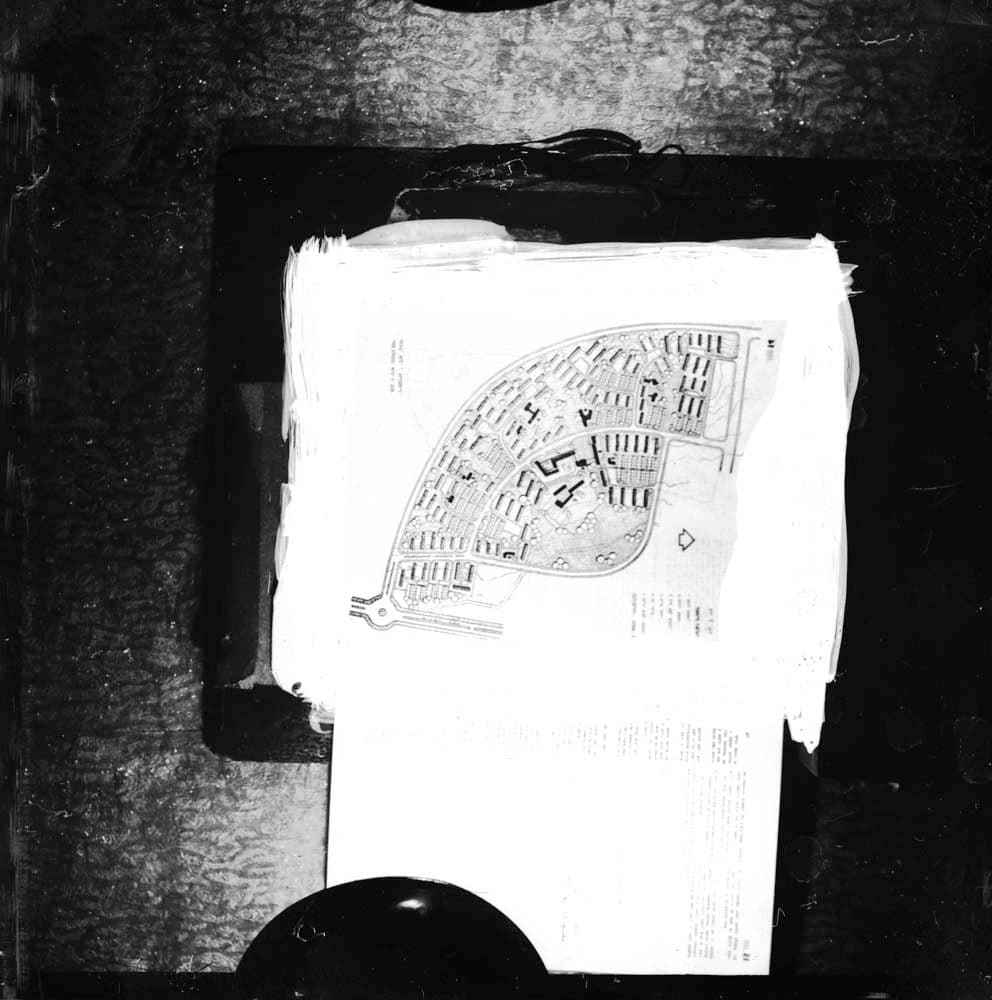 DTA Lantern Slide Library. Slide taken from an unidentified publication, showing a hand drawn site plan of Ramat Aviv, a new residential neighbourhood being built for immigrants in Northern Tel Aviv in 1962 done under the supervision of architects Robert Arieh Sharon, Bennett and Yitzhak Perlstein.