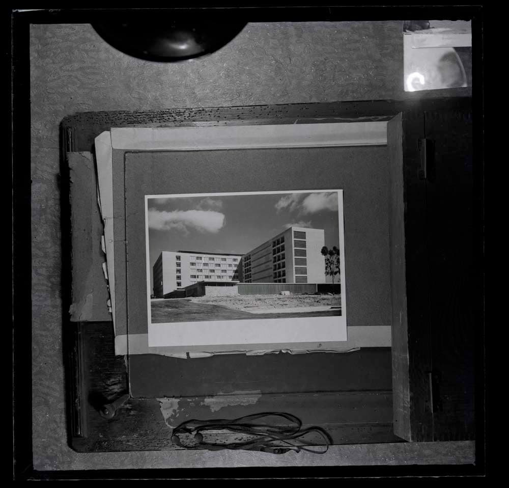 DTA Lantern Slide Library. Slide taken from an unidentified publication, showing a photograph of the west wing of the Gur Shasha Hospitalisation Building of the Beilinson Hospital complex (now known as the Rabin Medical Centre) in Petah Tikva, Israel. 