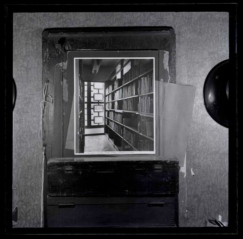 DTA Lantern Slide Library. Slide taken from an unidentified publication, showing a photograph of the library stock room of the Kenneth Dike Library of University College in Ibadan, Nigeria.