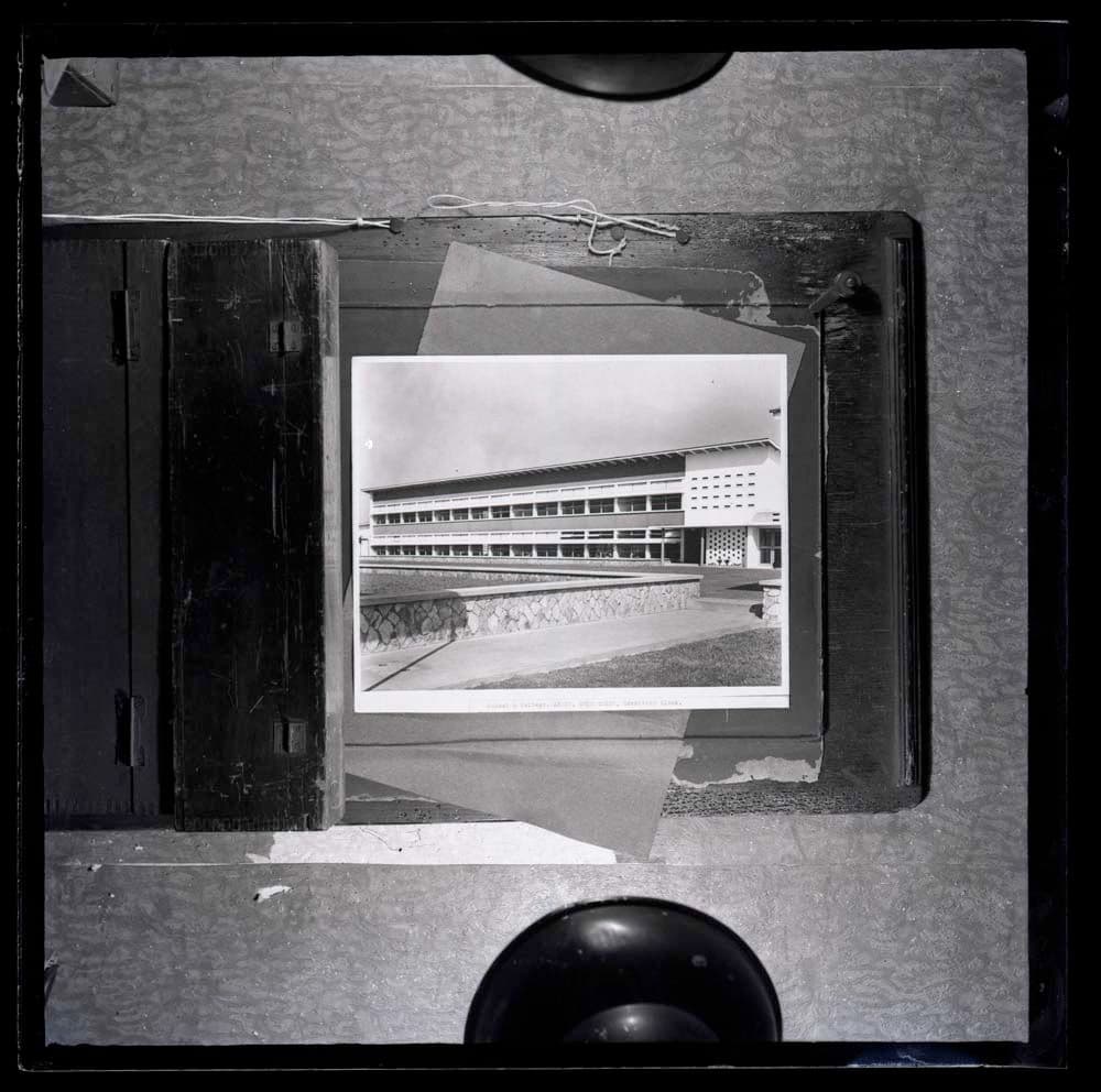 DTA Lantern Slide Library. Slide taken from an unidentified publication, showing a photograph of the dormitory block of the Aburi Girls' Senior High School and Presbyterian Women's College of Education (also known as School & College) in Aburi, Ghana. 