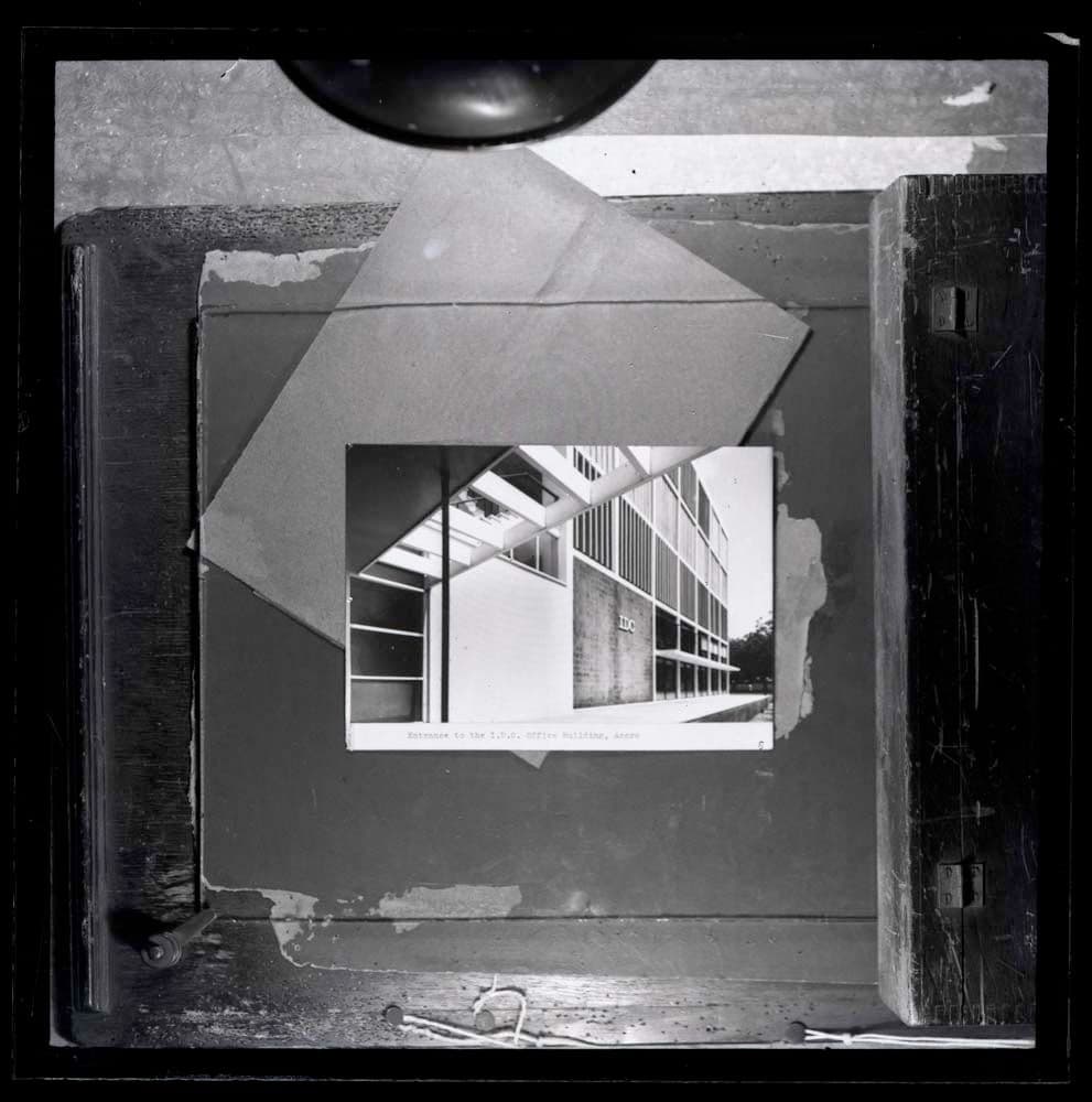 DTA Lantern Slide Library. Slide taken from an unidentified publication, showing a photograph of the entrance to the IDC office building (Offices of the Industrial Development Corporation) in Accra, Ghana.