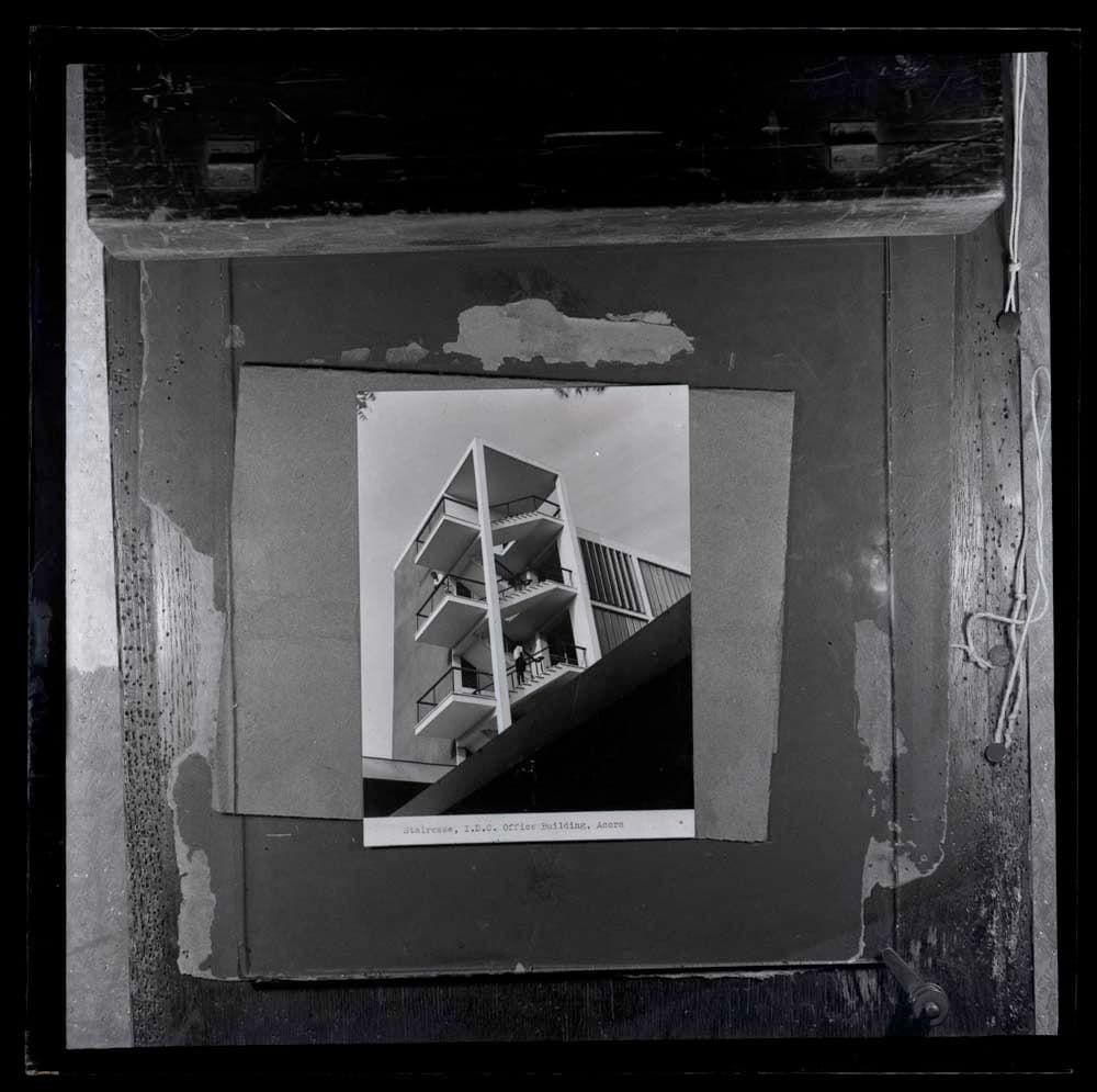DTA Lantern Slide Library. Slide taken from an unidentified publication, showing a photograph of the staircase of the IDC office building (Offices of the Industrial Development Corporation) in Accra, Ghana.