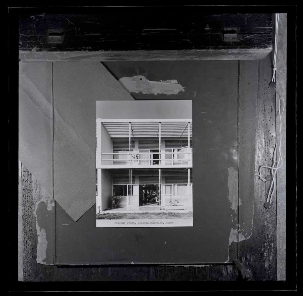 DTA Lantern Slide Library. Slide taken from an unidentified publication, showing a photograph of the balcony front of the Einhorn Bungalow in Accra, Ghana, a house built in 1953 by James Cubitt & Partners. 