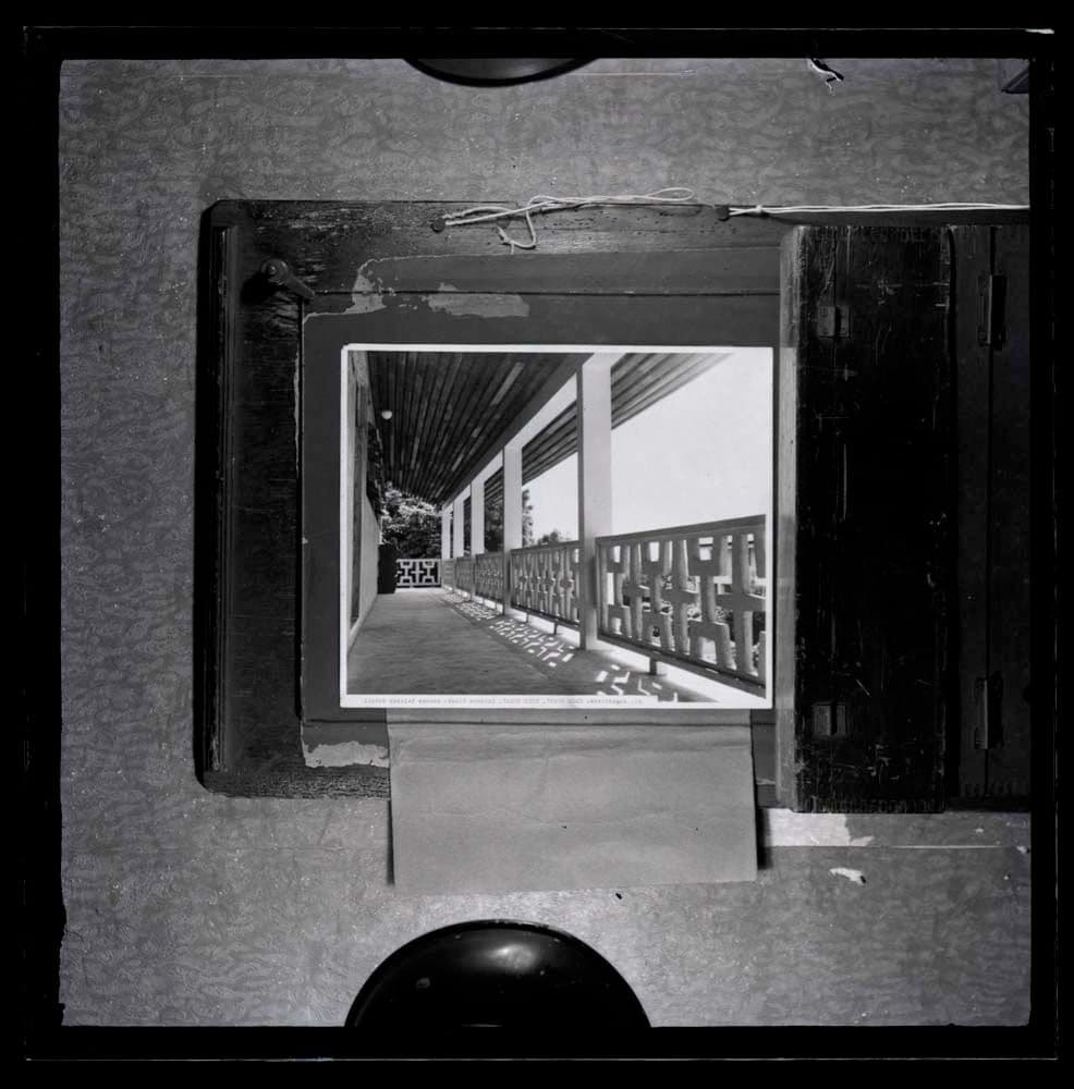 DTA Lantern Slide Library. Slide taken from an unidentified publication, showing a photograph of the science block balcony of the Mfantsipim School, an all boys Methodist boarding school established in 1876 in Cape Coast, Ghana.