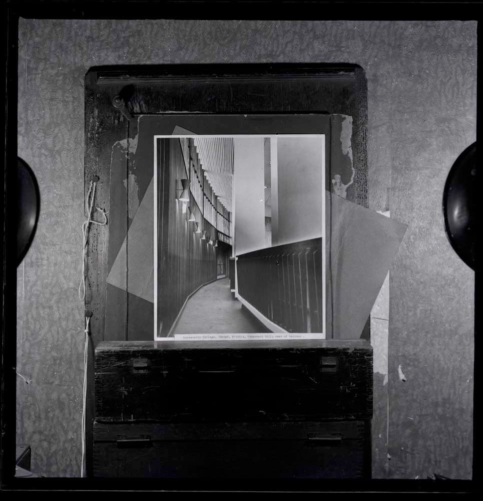 DTA Lantern Slide Library. Slide taken from an unidentified publication, showing a photograph of the rear balcony in Trenchard Hall, the assembly hall of the University College in Ibadan, Nigeria.