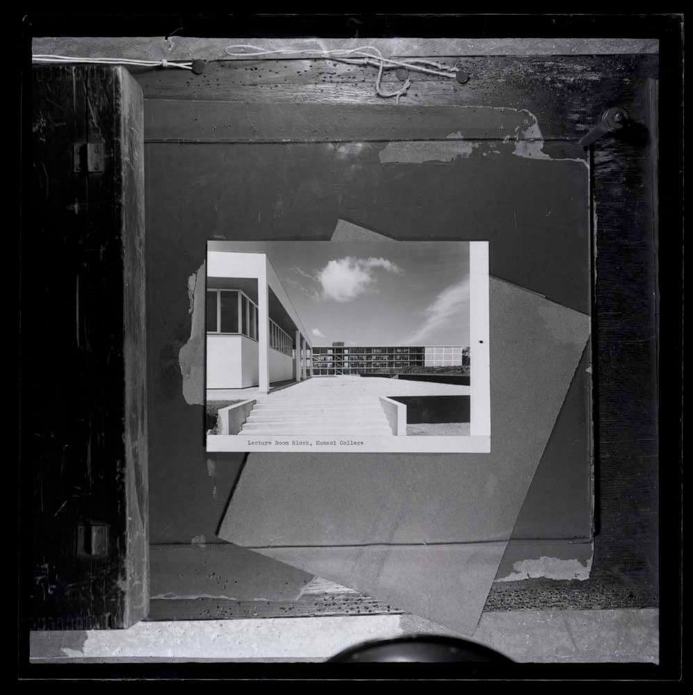DTA Lantern Slide Library. Slide taken from an unidentified publication, showing a photograph of the Lecture Room Block of the College of Technology in Kumasi, Ghana.