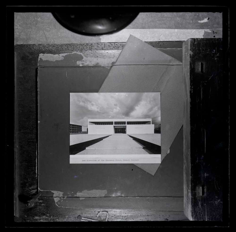 DTA Lantern Slide Library. Slide taken from an unidentified publication, showing a photograph of the end elevation of the pharmacy block at the College of Technology in Kumasi, Ghana.