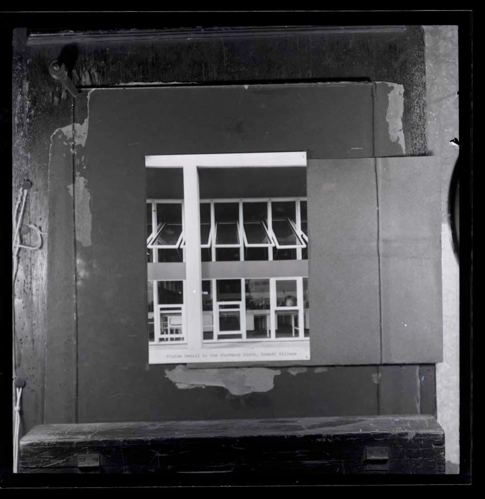 DTA Lantern Slide Library. Slide taken from an unidentified publication, showing a photograph of the window detail of the pharmacy block at the College of Technology in Kumasi, Ghana.