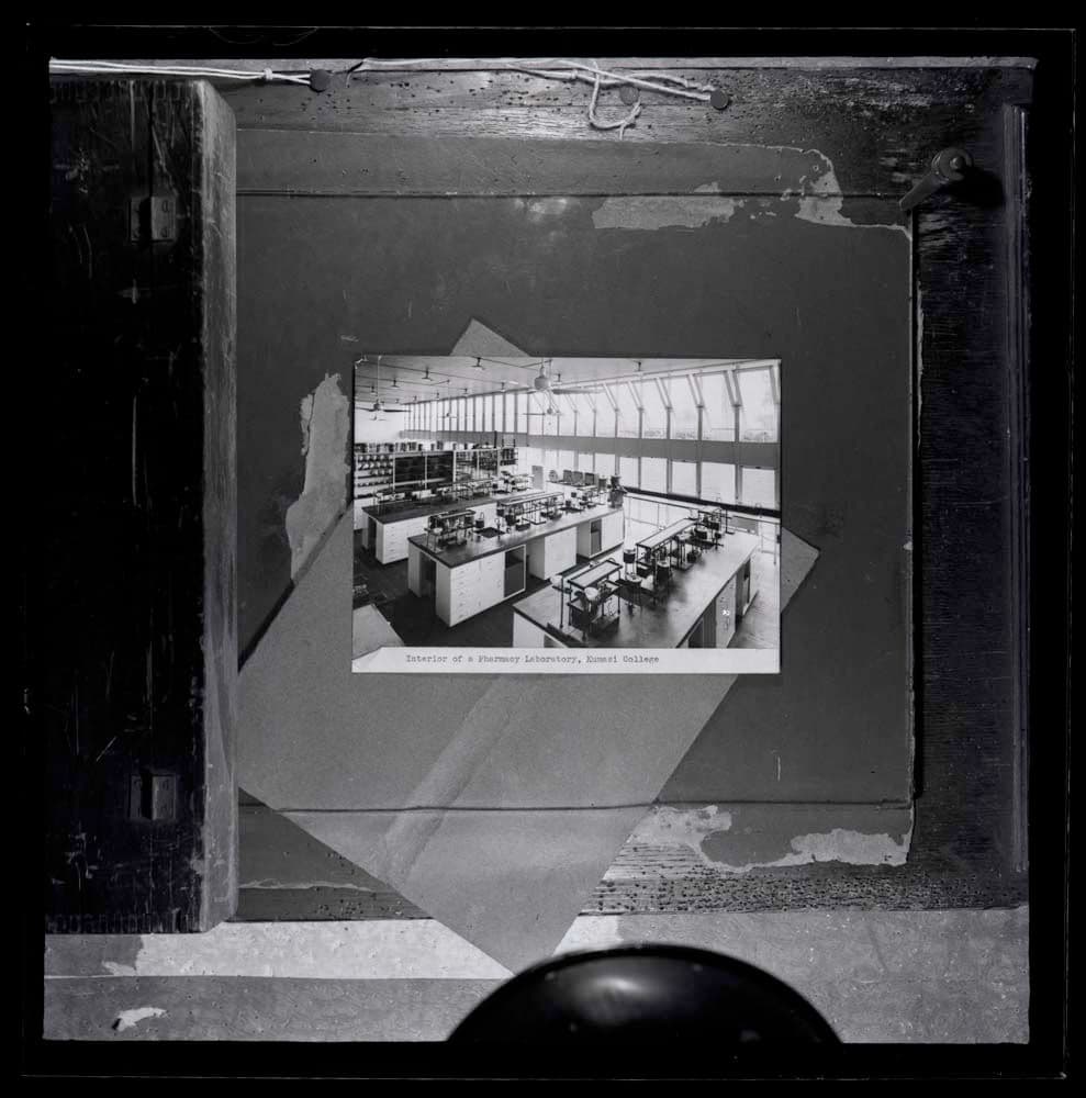 DTA Lantern Slide Library. Slide taken from an unidentified publication, showing a photograph of the interior of the pharmacy block of the College of Technology in Kumasi, Ghana.