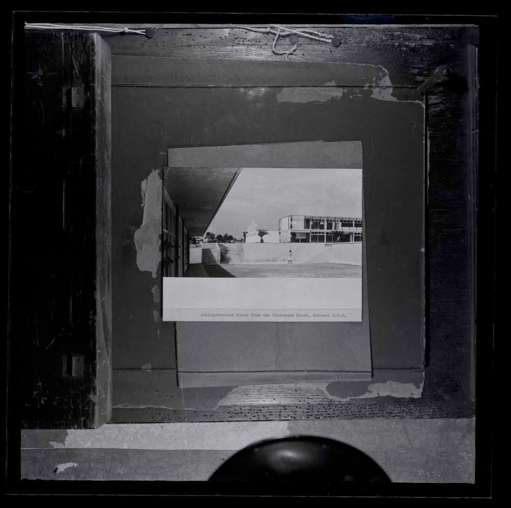 DTA Lantern Slide Library. Slide taken from an unidentified publication, showing a photograph of the classroom block of Fijai Senior High School in Sekondi-Takoradi, Ghana.