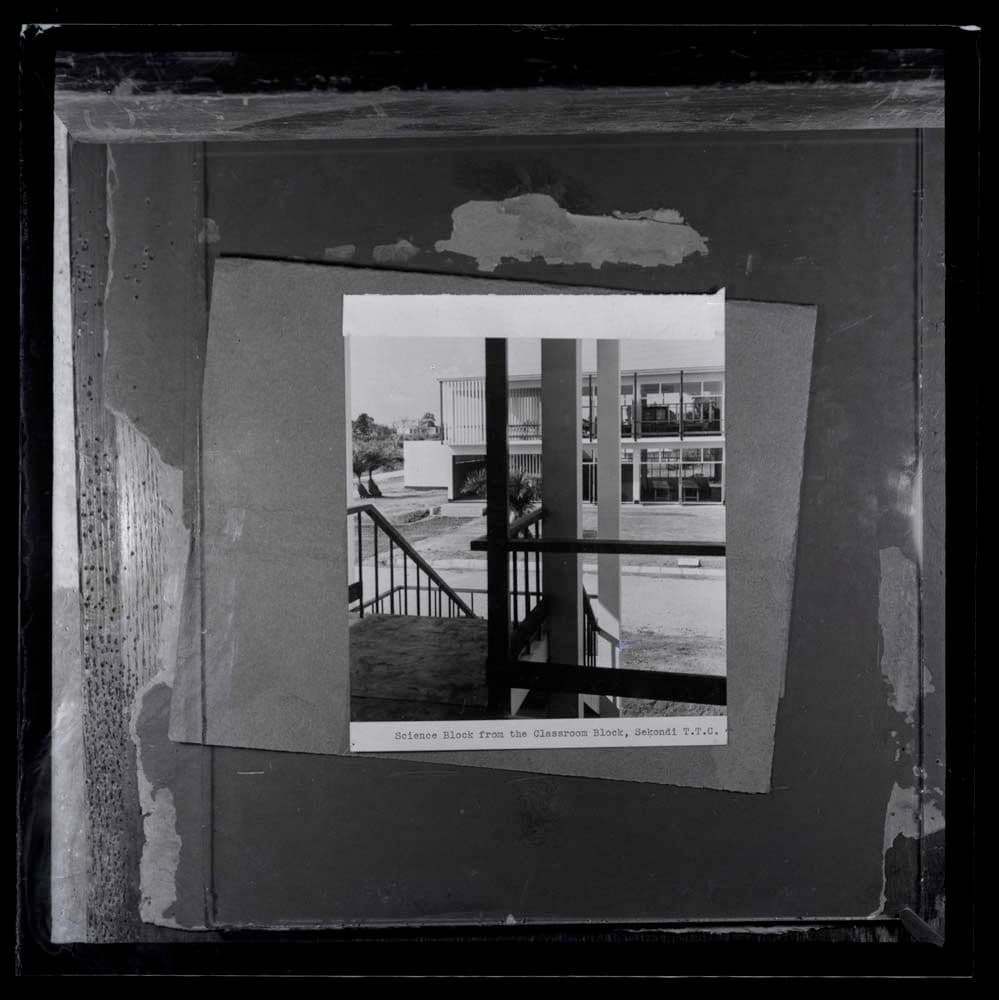 DTA Lantern Slide Library. Slide taken from an unidentified publication, showing a photograph of the science block of Fijai Senior High School in Sekondi-Takoradi, Ghana.