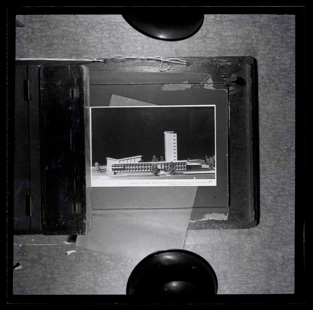 DTA Lantern Slide Library. Slide taken from an unidentified publication, showing a photograph of the architectural model of the administration and assembly halls (Tranchard Hall) of the University College in Ibadan, Nigeria.