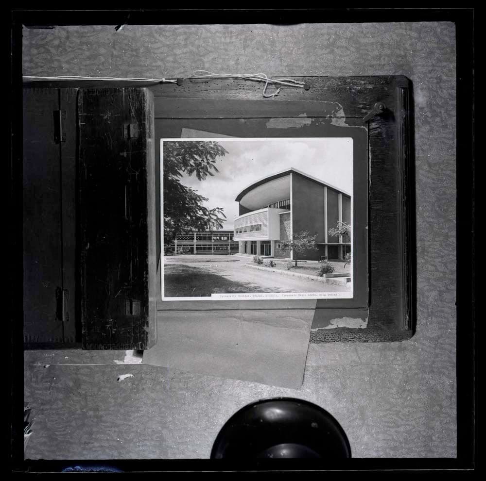 DTA Lantern Slide Library. Slide taken from an unidentified publication, showing a photograph of Trenchard Hall, the assembly hall of the University College in Ibadan, Nigeria.