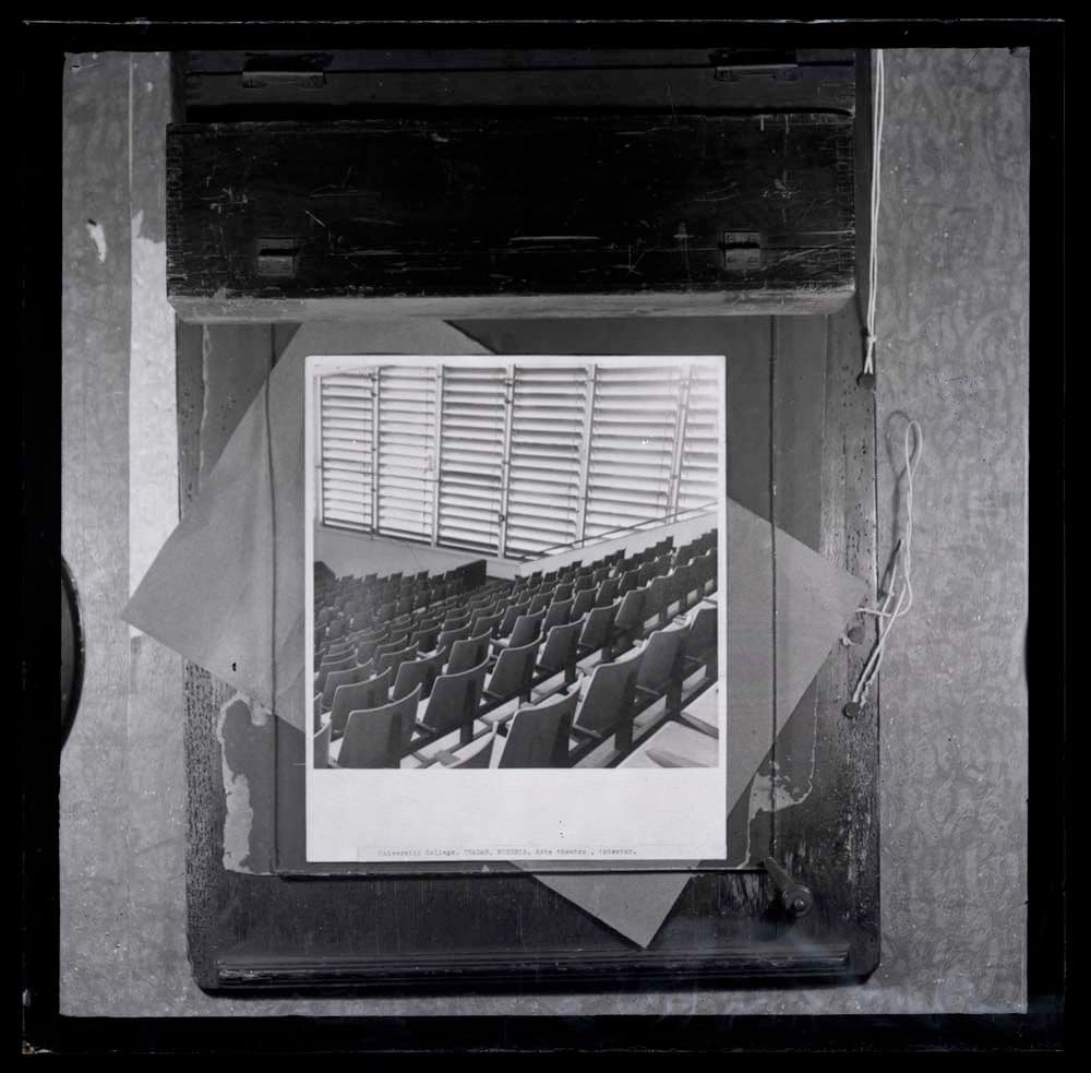 DTA Lantern Slide Library. Slide taken from an unidentified publication, showing a photograph of the interior of the Arts Theatre of the University College in Ibadan, Nigeria.