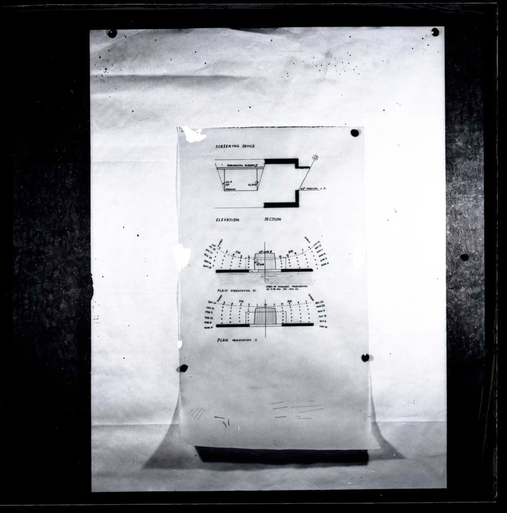 DTA Lantern Slide Library. Slide taken from an unidentified publication, showing a photograph of hand drawn plans, elevation and a section of a screening device. 