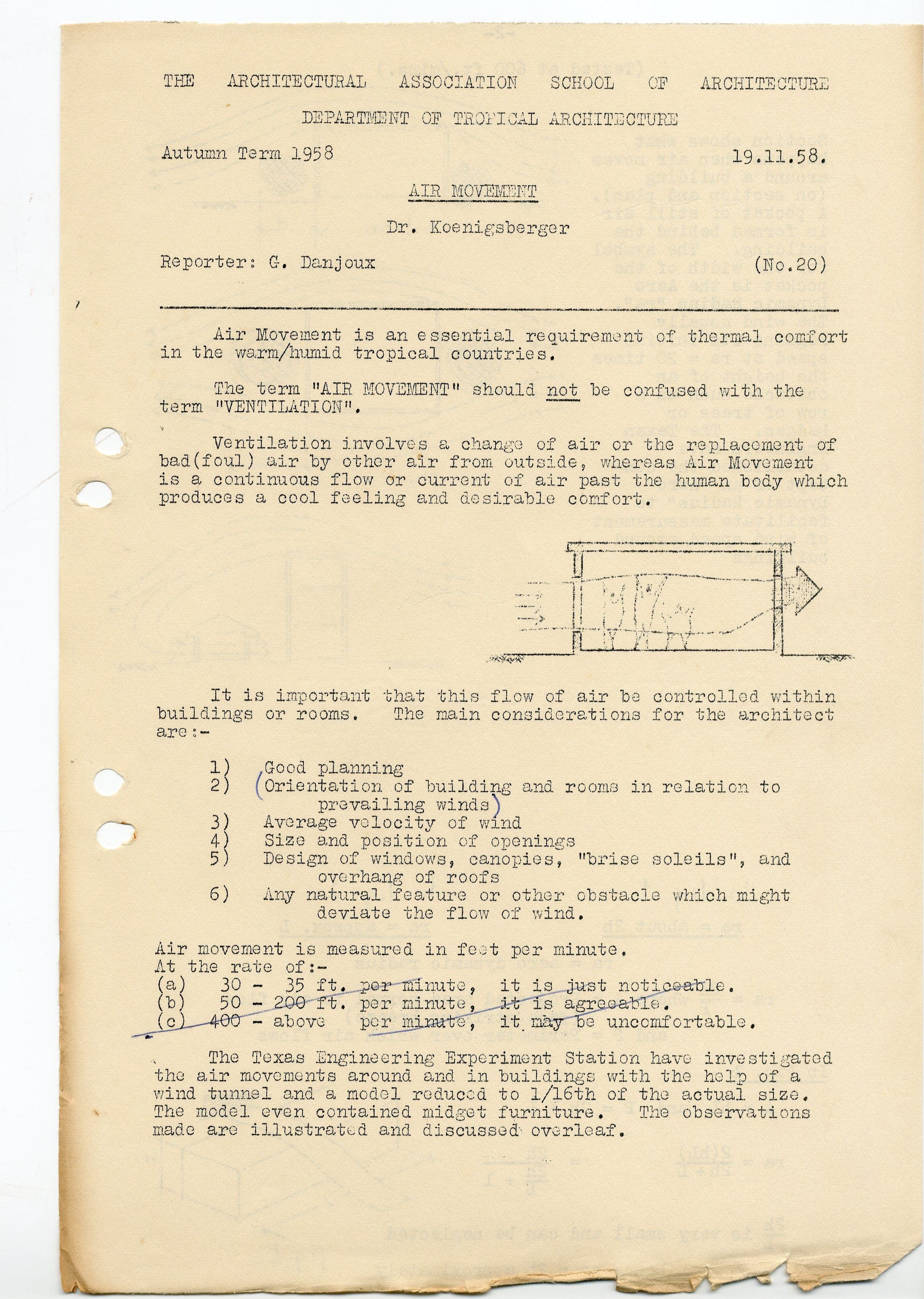 Faded, yellowed document page with typed text and a small architectural diagram.