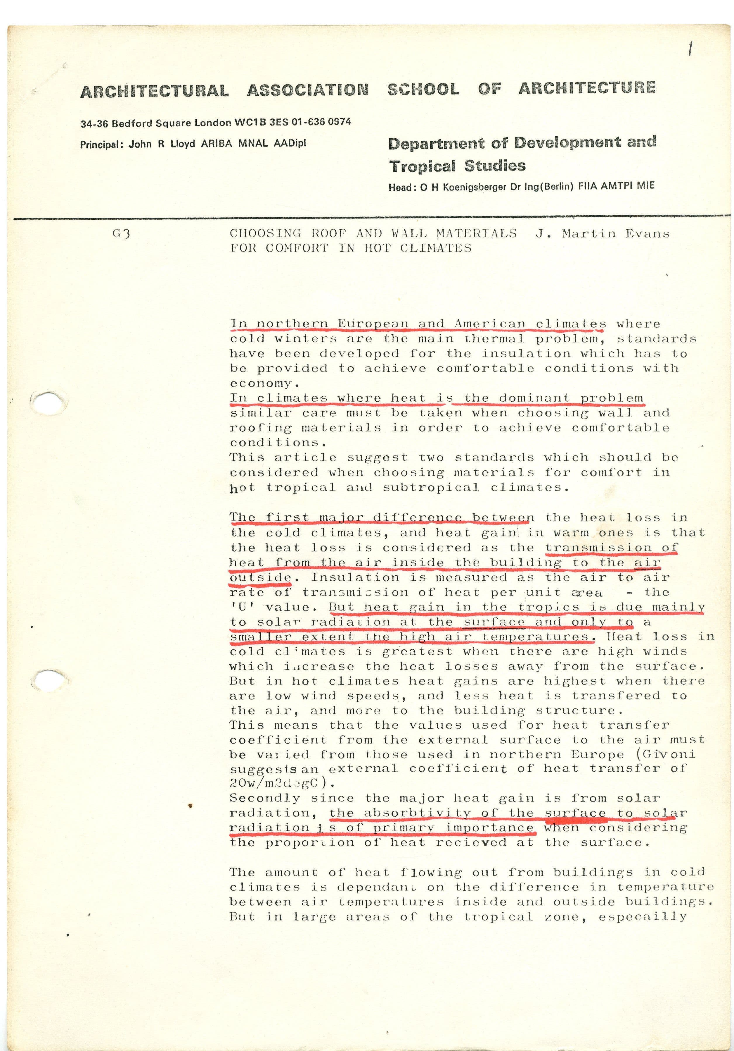 A document from the Architectural Association School, Department of Development and Tropical Studies, with highlighted text.