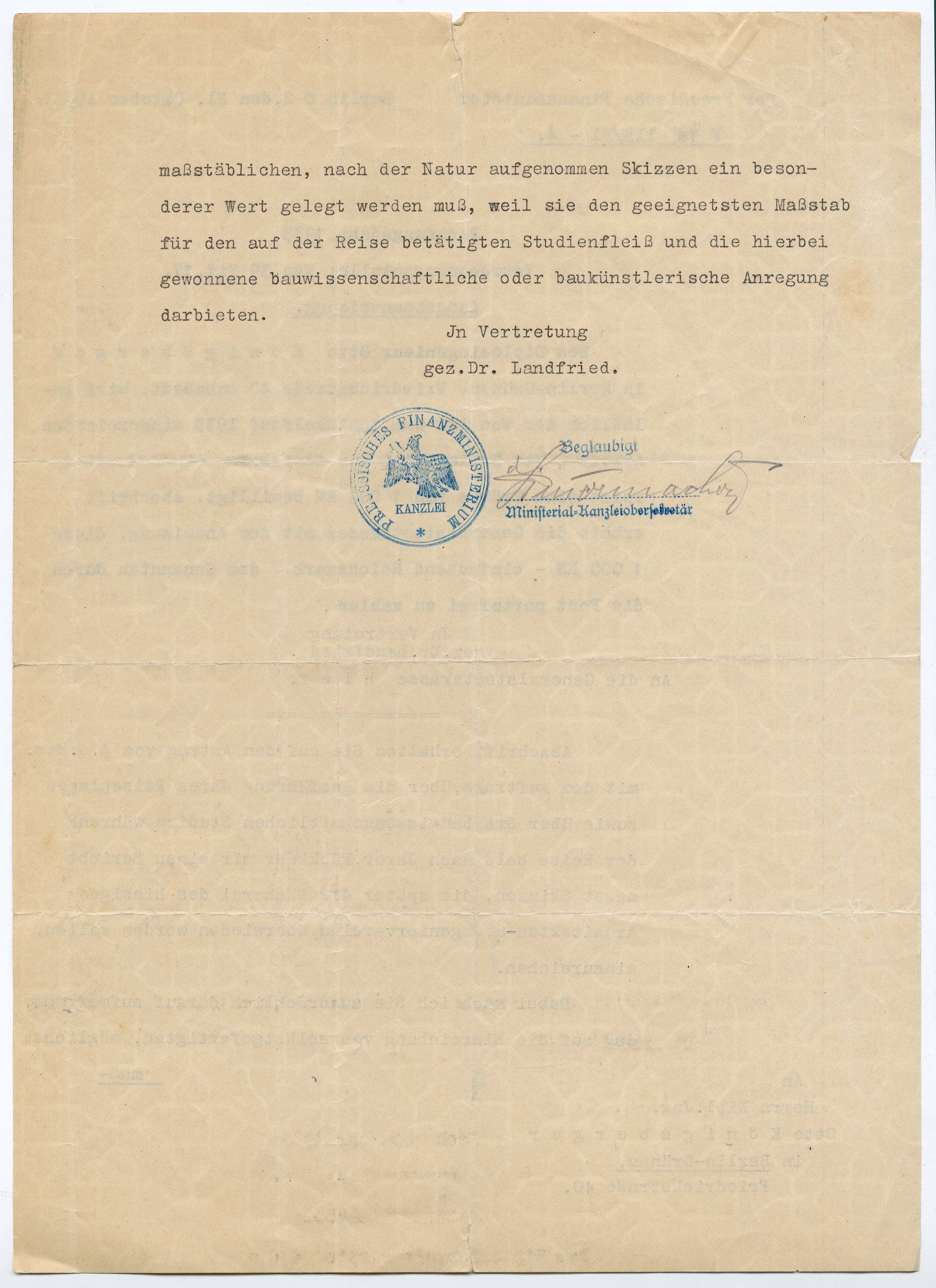 Otto Koenigsberger. Certified ministerial document from the Prussian Ministry of Finance concerning the evaluation of scale architectural sketches produced during a study trip, signed on behalf of Dr. Landfried and officially stamped by the ministerial chancellery. Credit: AA Archives: 2012: OK4
