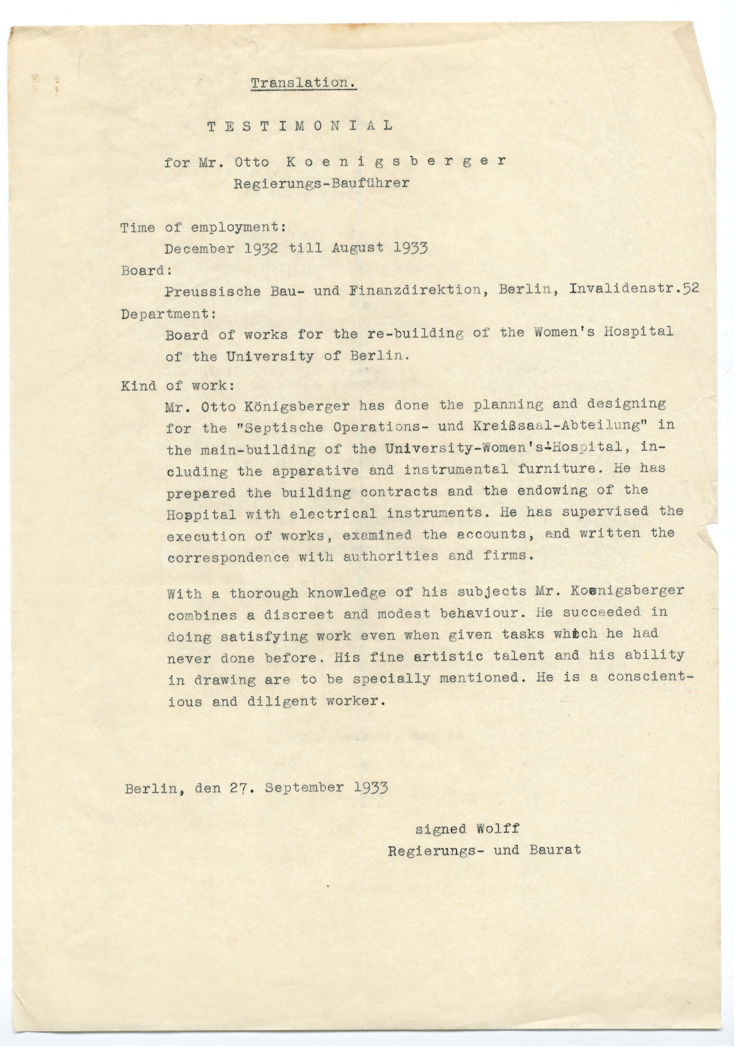 Otto Koenigsberger. Letter of recommendation for Otto Koenigsberger from Heinrich Wolff, September 1933. Credit: AA Archives: OK4