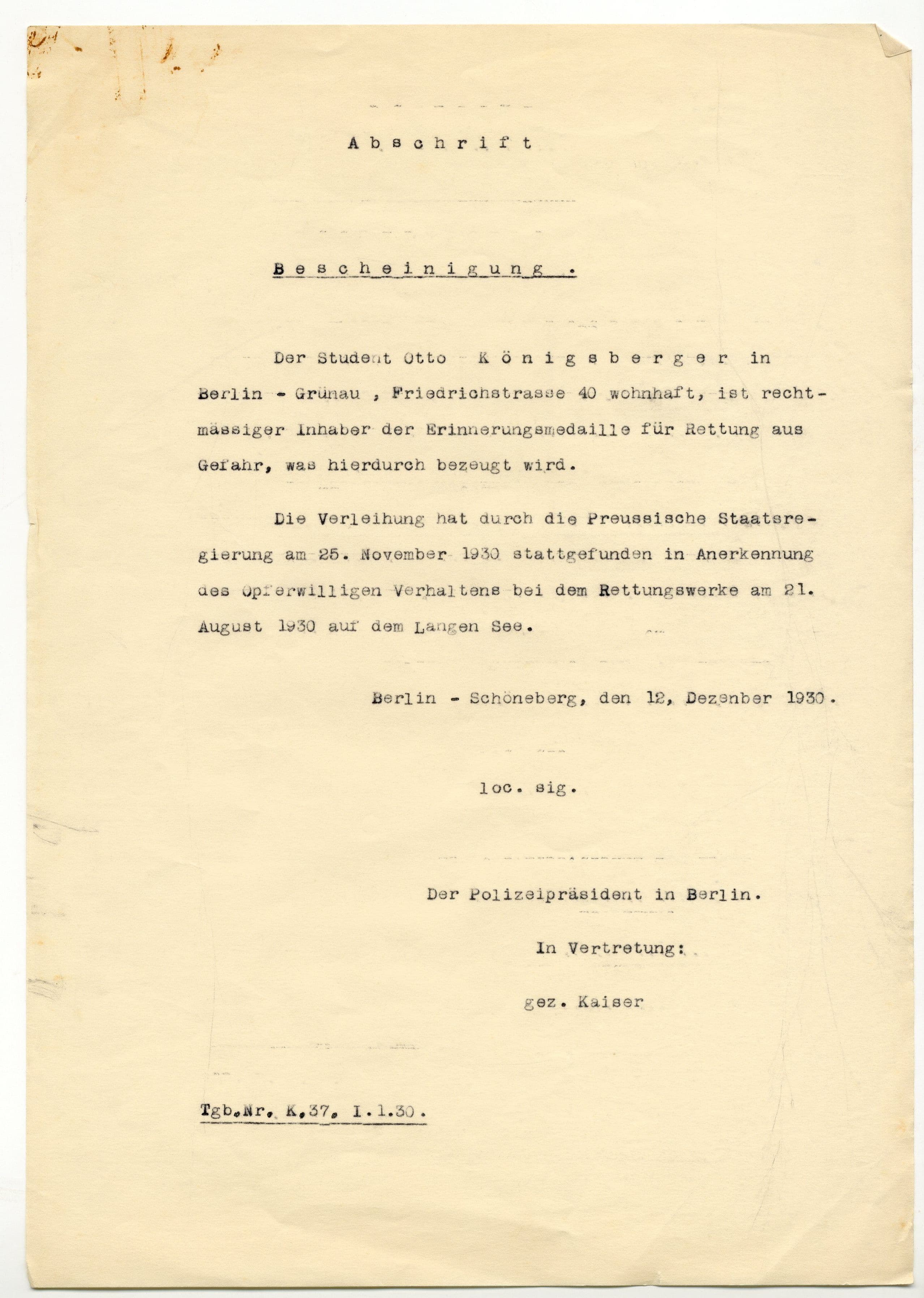 Otto Koenigsberger. Official note certifying award of the medal for 'Rettung Aus Gefahr' to Otto Koenigsberger, 1930. Credit: AA Archives: OK4