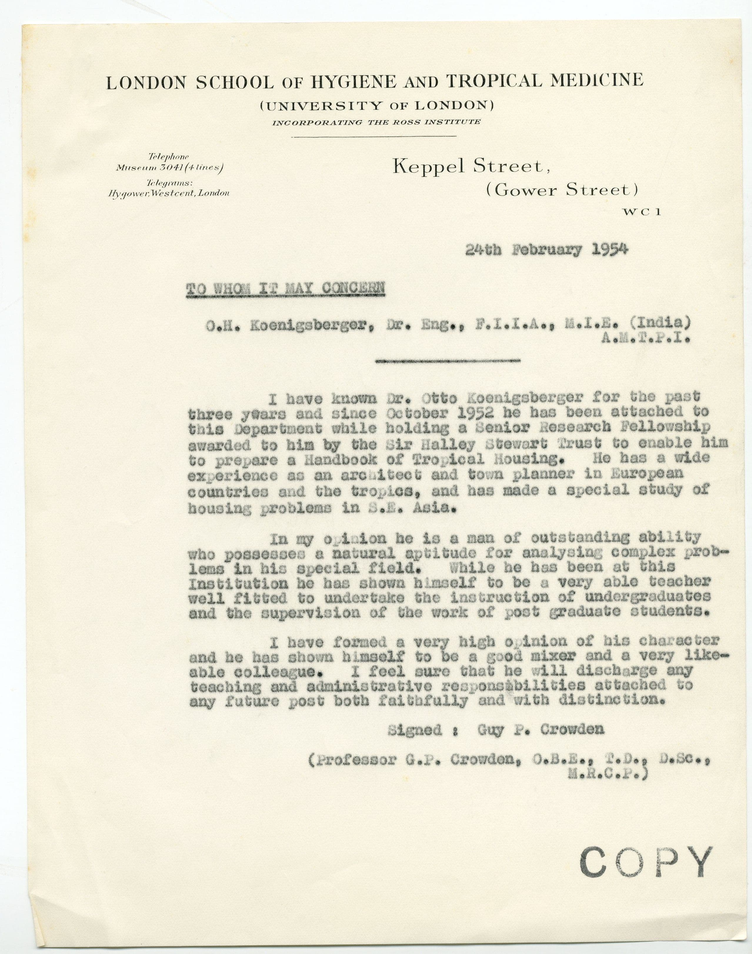 Otto Koenigsberger. Letter of reference for Otto Koenigsberger from Professor Guy Crowden, 1954. Credit: AA Archives: OK4