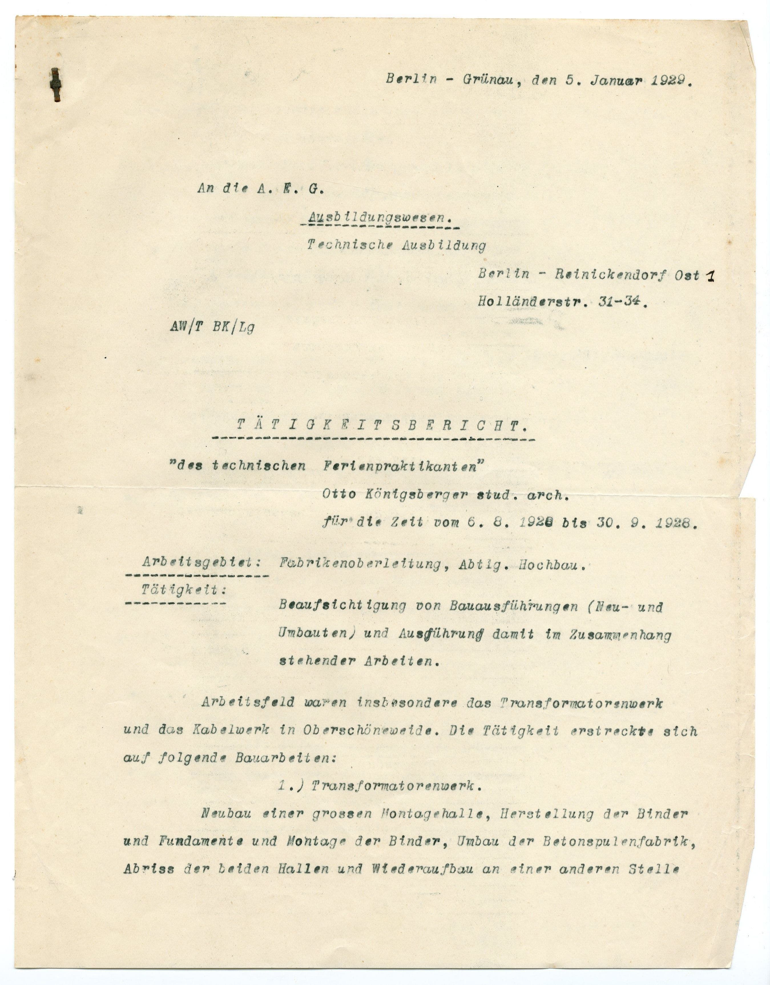 Otto Koenigsberger. Testimonial for Otto Koenigsberger's work as a summer intern with AEG, 1928. Credit: AA Archives: OK4