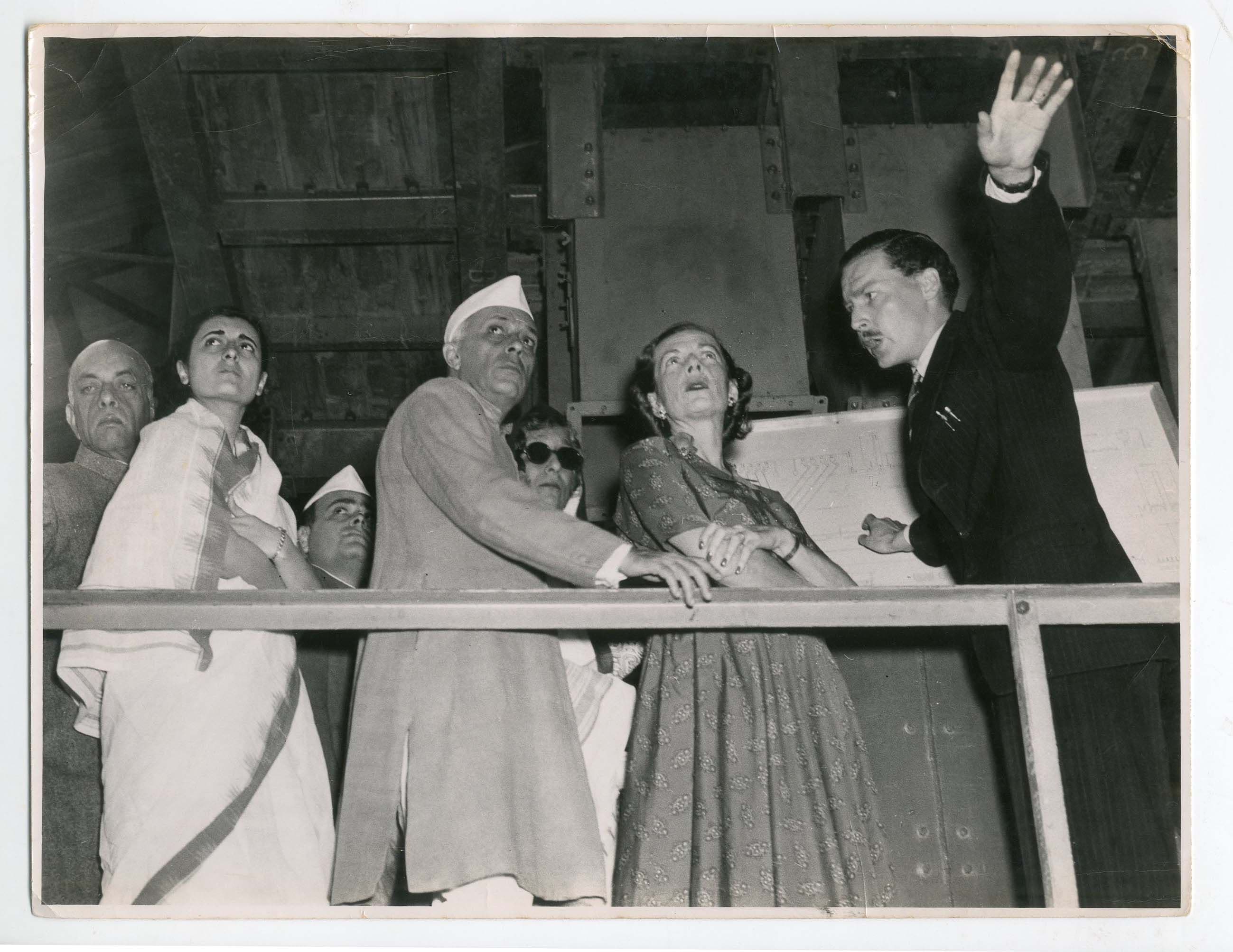 Official visit to Government Housing Factory, New Delhi, 1950. Left to right: Mehr Chand Khanna, Indira Ghandi, Feroze Ganhi, Jawaharlal Nehru, Raj Amrit Kaur, Edwina Mountbatten. AA Archives. Box: OK7