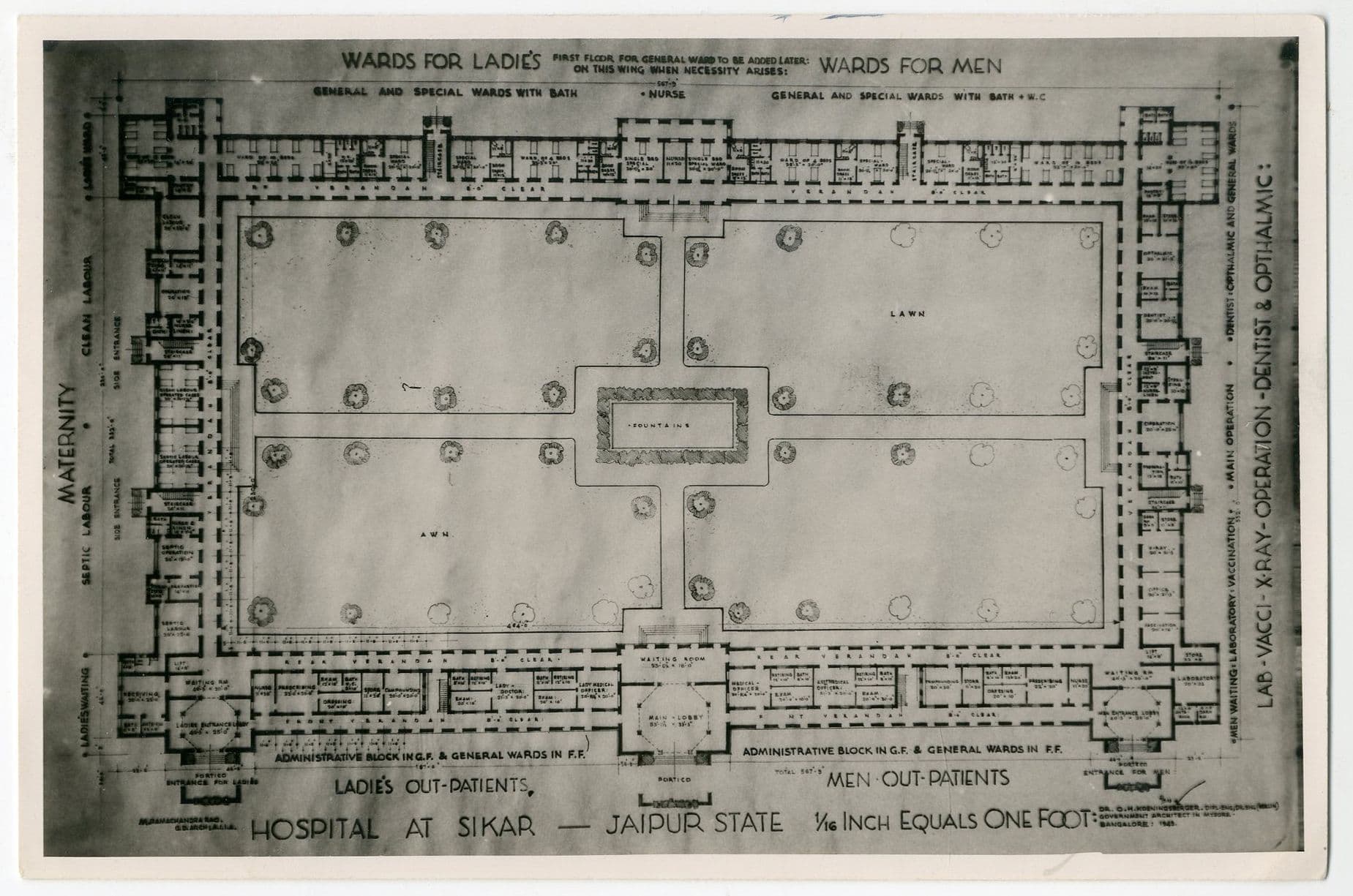 Otto Koenigsberger, Ground floor plan, Sakir Hospital, Jaipur State, 1943. Credit: AA Archives: OK7