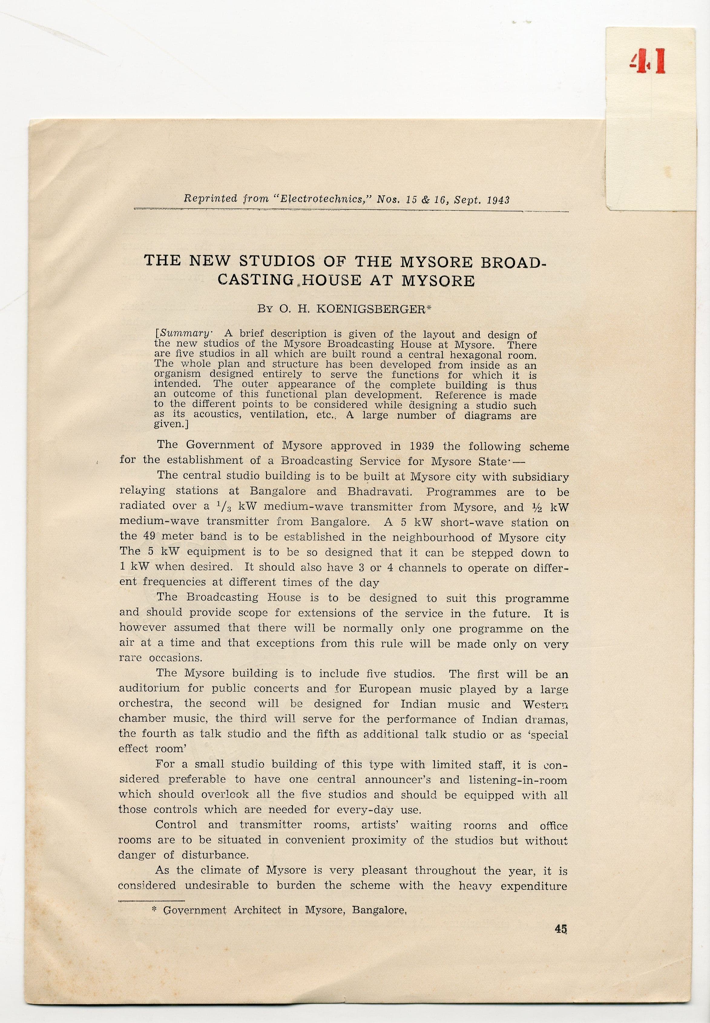Otto Koenigsberger. 'The New Studios of the Mysore Broadcasting House at Mysore' by Otto Koenigsberger, reprinted from "Electrotechnics", Nos. 15 and 16, September, 1943, pp.45-50. Credit: AA Archives: OK6