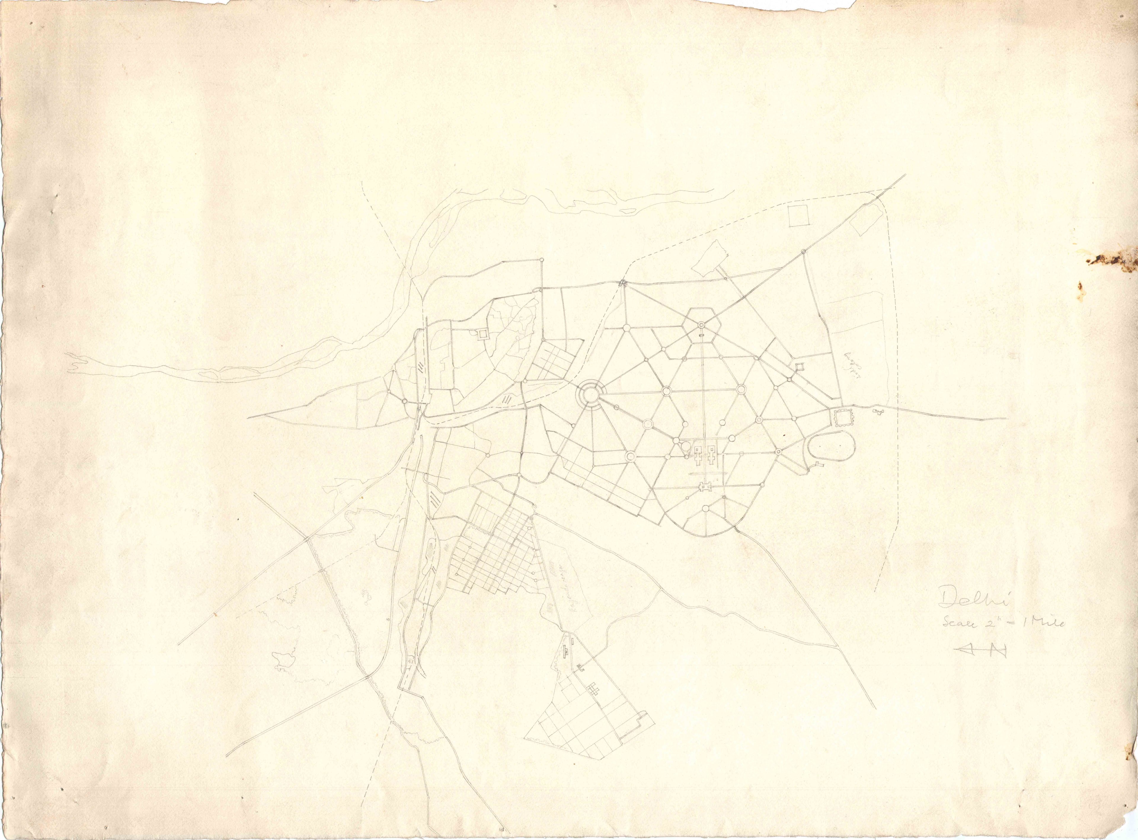 Otto Koenigsberger. Plan of New Delhi, hand-drawn, pencil and ink, undated. Credit: AA Archives: 2012_P150