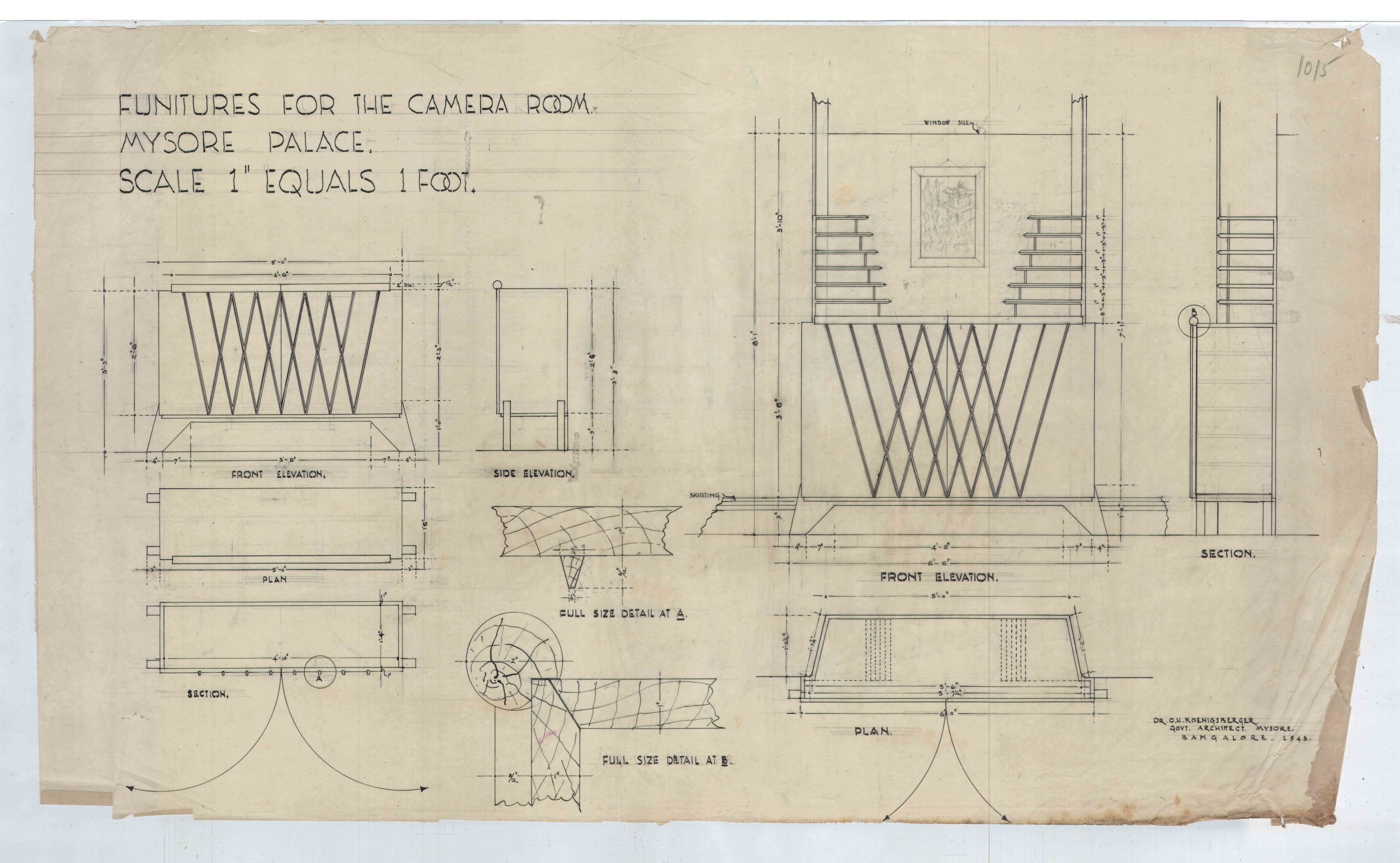 Otto Koenigsberger. Designs for furniture for Camera Room, Mysore Palace, 1943. Credit: AA Archives; 2012:P148