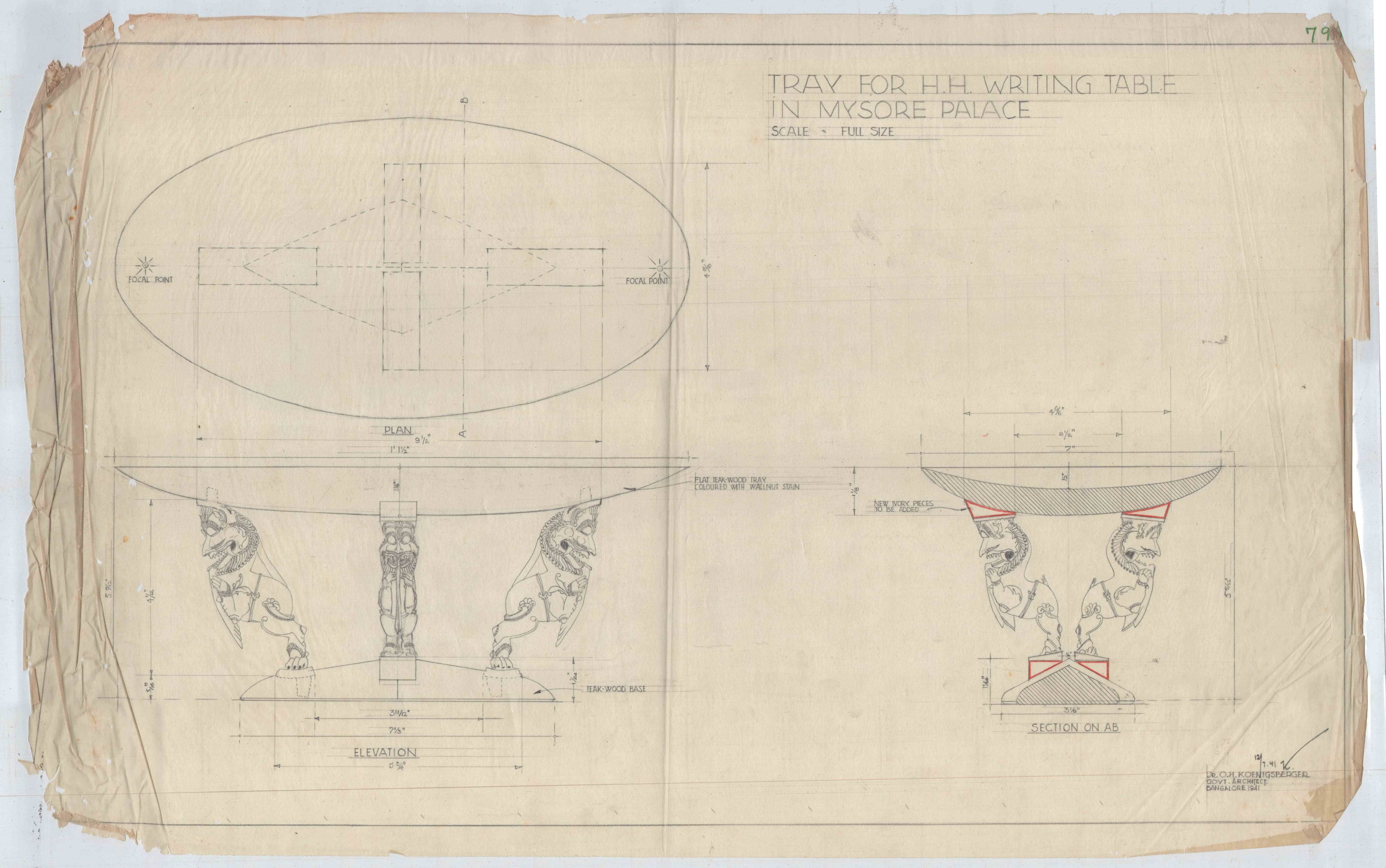 Otto Koenigsberger. Design for a tray for the Maharaja's writing table, Mysore Palace, 1941. Credit: AA Archives; 2012:P148