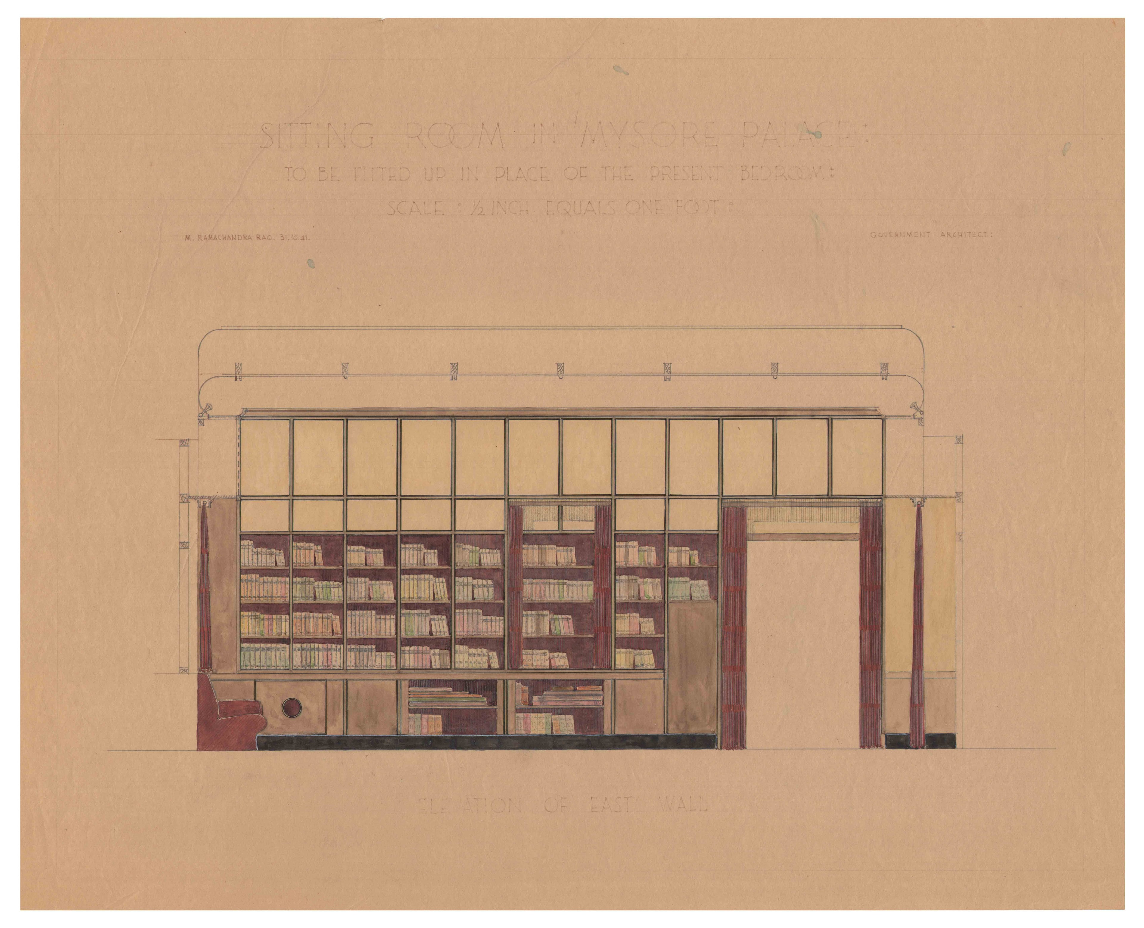 Otto Koenigsberger. Proposal for sitting room, Mysore Palace, Karnakata, India, 1941. Elevation, East wall. Credit: AA Archives; 2012:P148