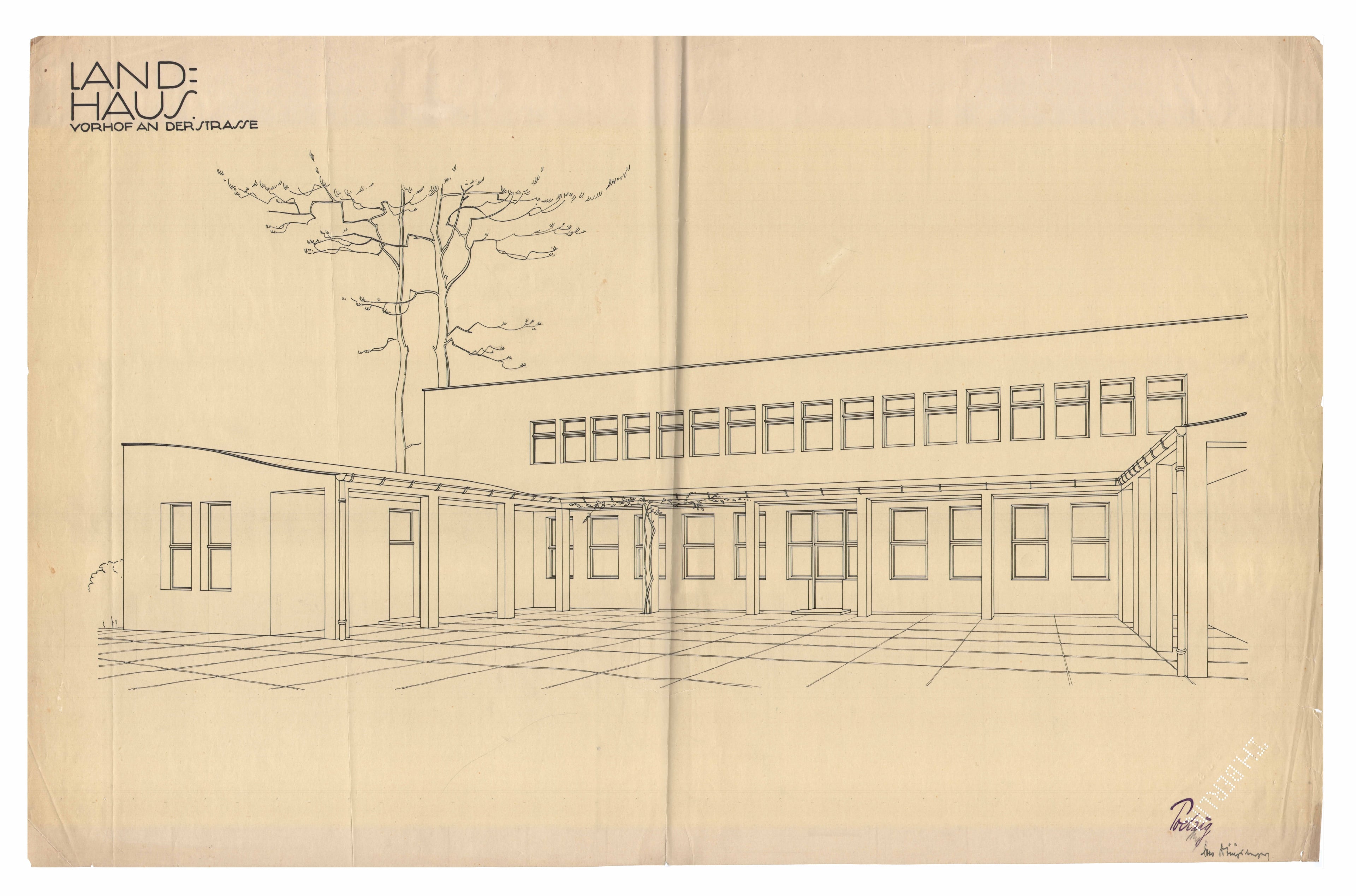 Otto Koenigsberger: student drawings. Country House, exterior perspective, c1931. Credit: AA Archives: 2012:P148