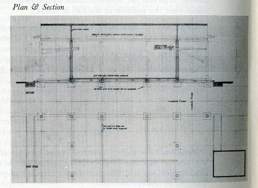 Architectural blueprint showing plan and section views of a building's structural layout.