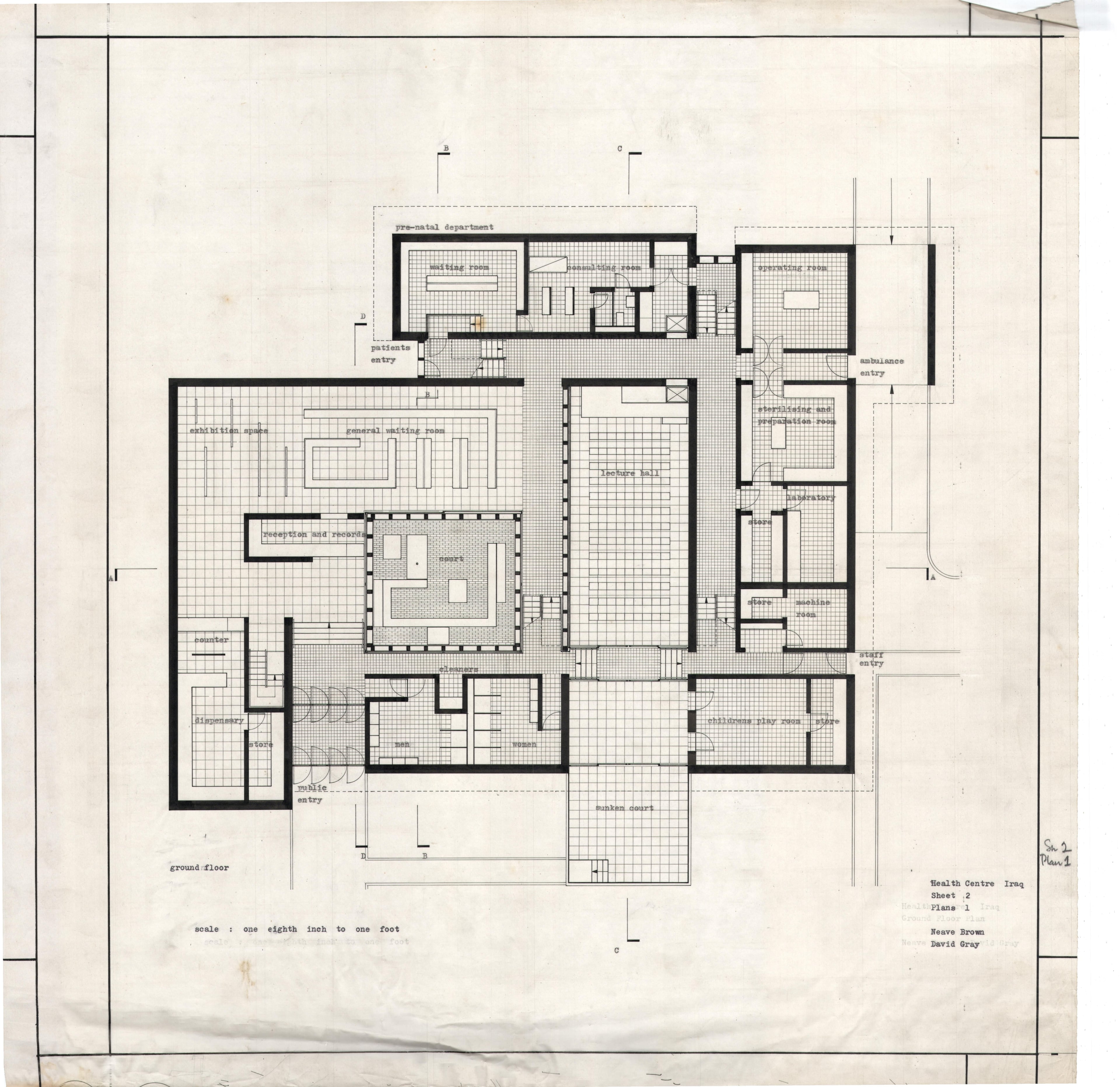 Neave Brown, David Gray. 'Health Centre, Iraq: Ground Floor Plan.' AA Department of Tropical Architecture, 1954-1955. AA Archives