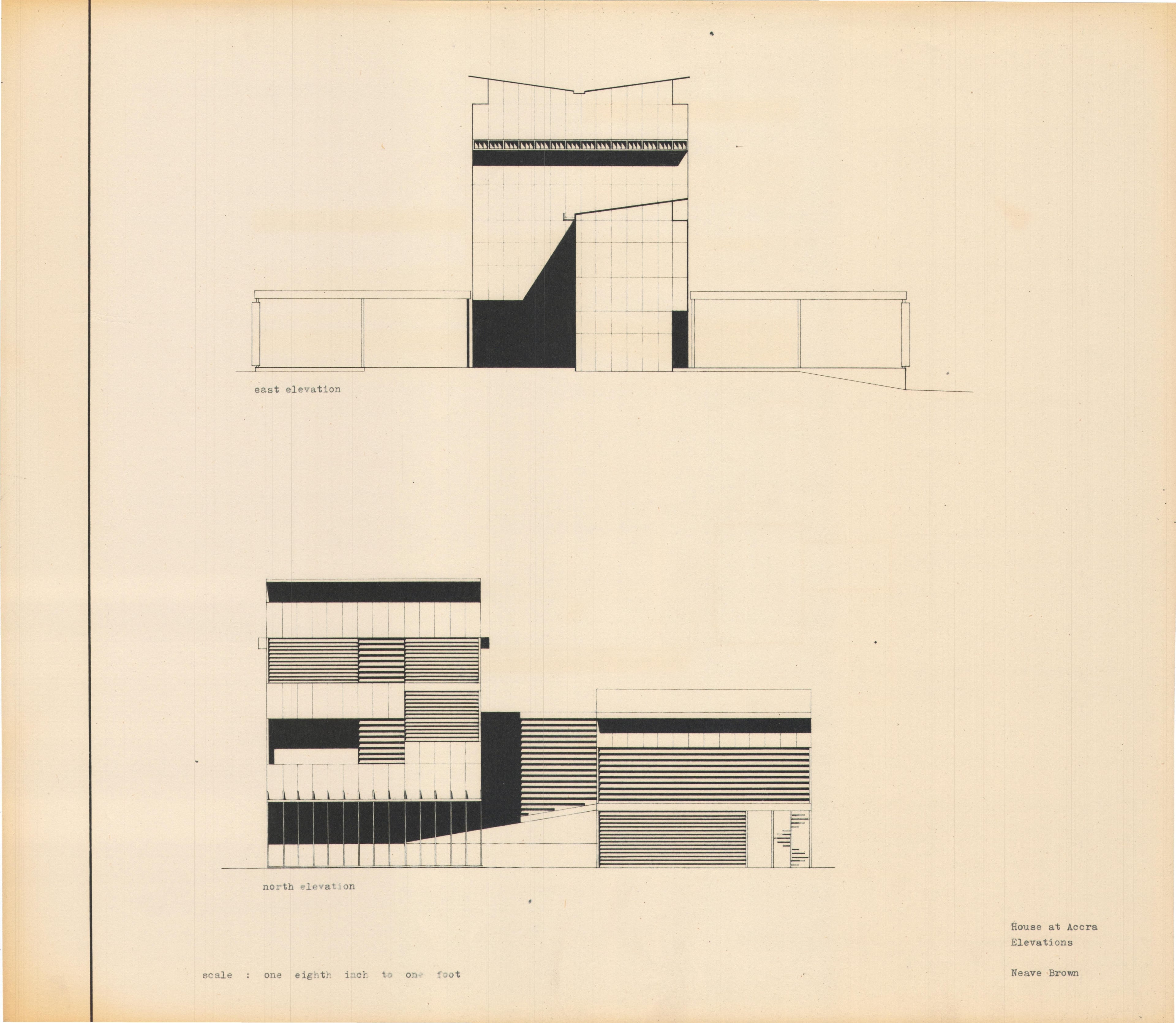 Neave Brown, 'House at Accra, Ghana: East and North Elevations', AA Department of Tropical Architecture, 1954-1955. AA Archives
