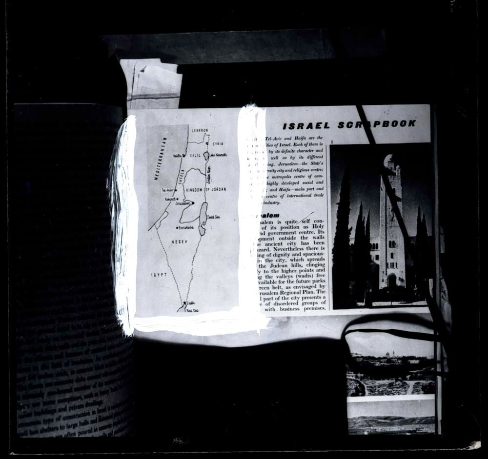 DTA Lantern Slide Library. Slide taken of an unidentified publication, showing a map of Israel/Palestine and photograph of the Jerusalem International YMCA 